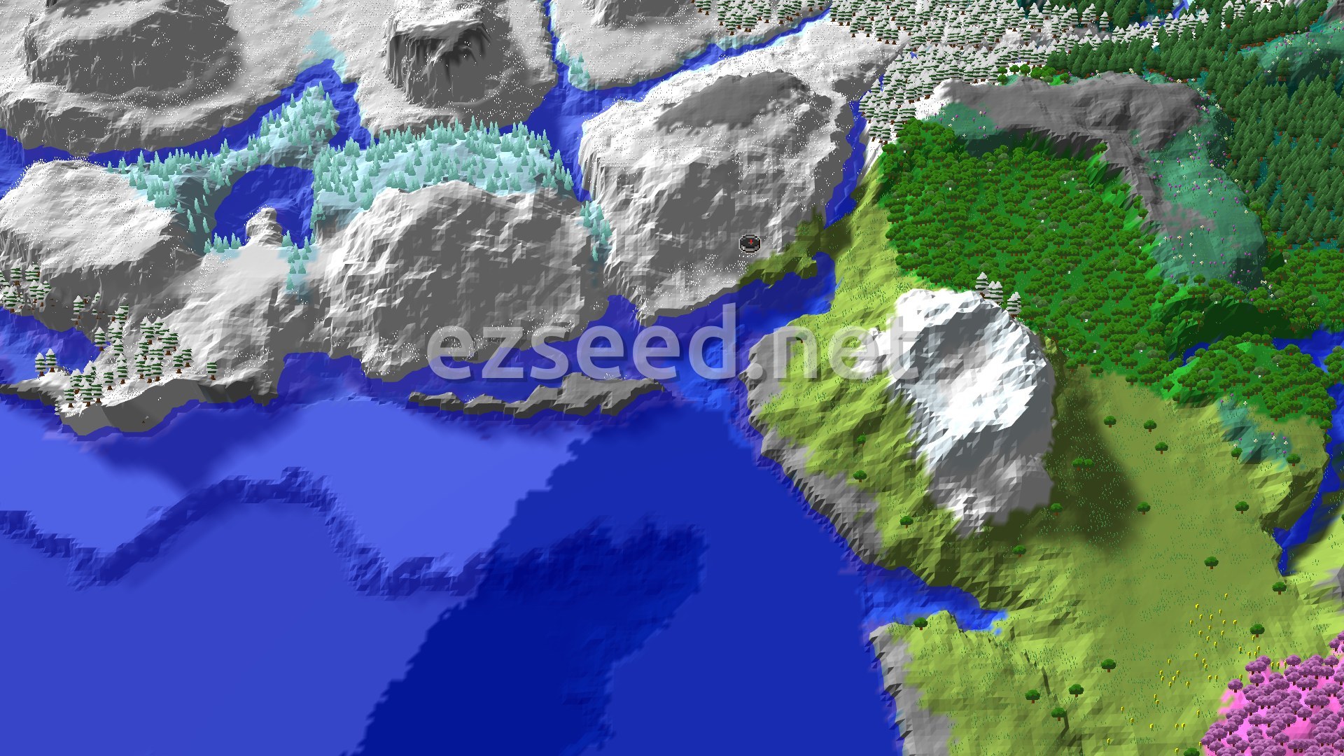 An aerial view of a snowy plains biome at the center, surrounded by varied terrain including snow-capped mountains, green forests, and dark blue oceans.