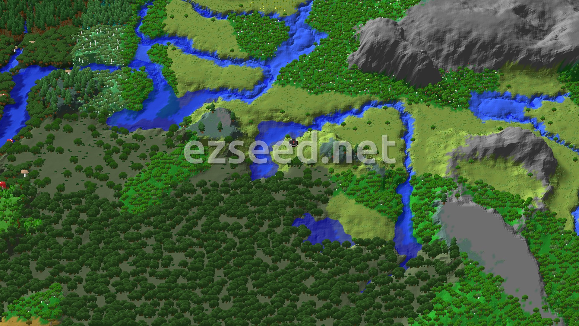 Aerial Minecraft seed map — Spawn in Plains with Nearby Mangrove Swamps