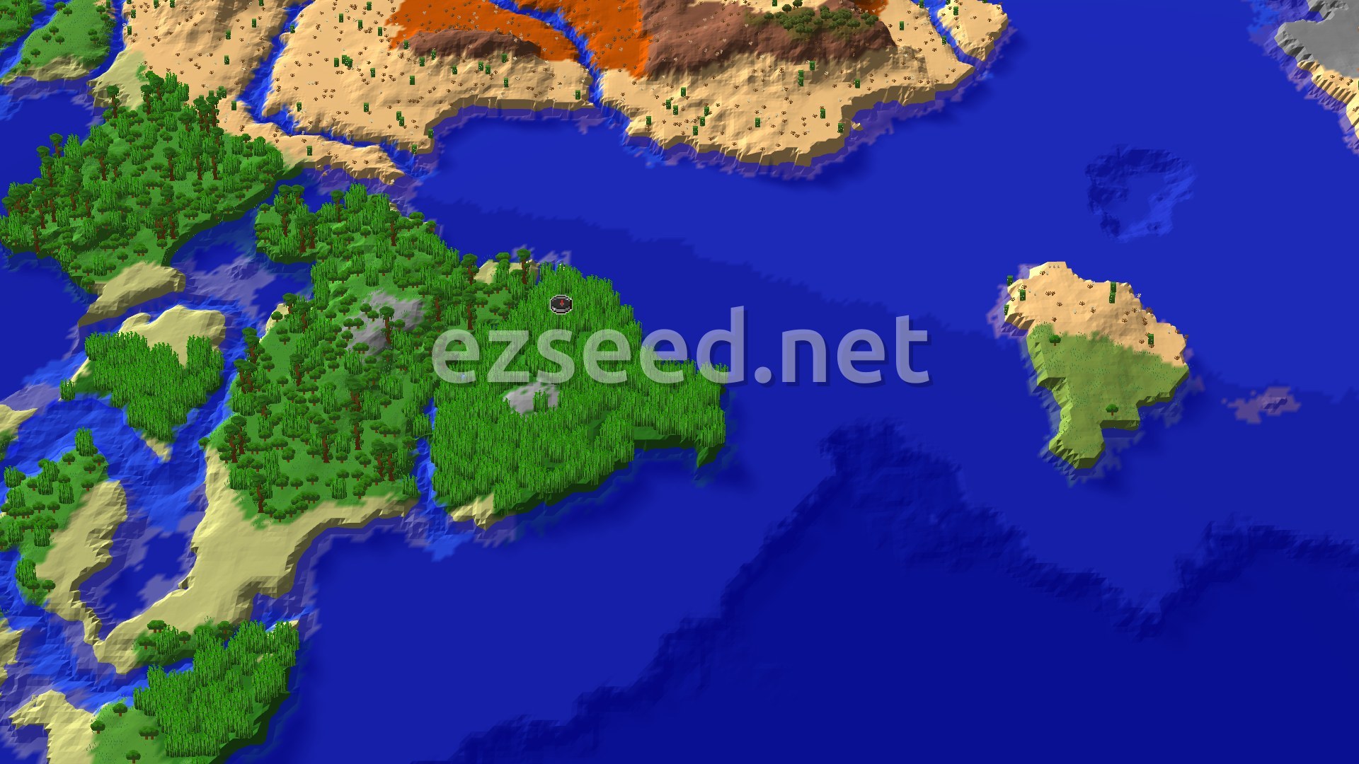 A 3D overhead view of a dense, green bamboo jungle island surrounded by blue ocean, with sandy beaches and a desert biome visible in the distance to the north. A small spawn marker sits near the center of the jungle island.