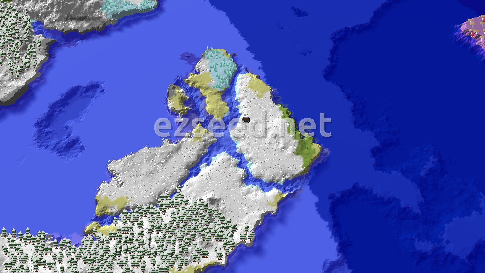Aerial Minecraft seed map — Ice Spikes Near Spawn in Snowy Region