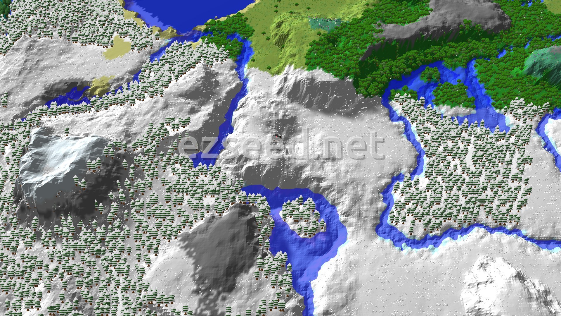 A snowy landscape with gentle hills, evergreen trees, and frozen rivers, with a small marker at the spawn point.