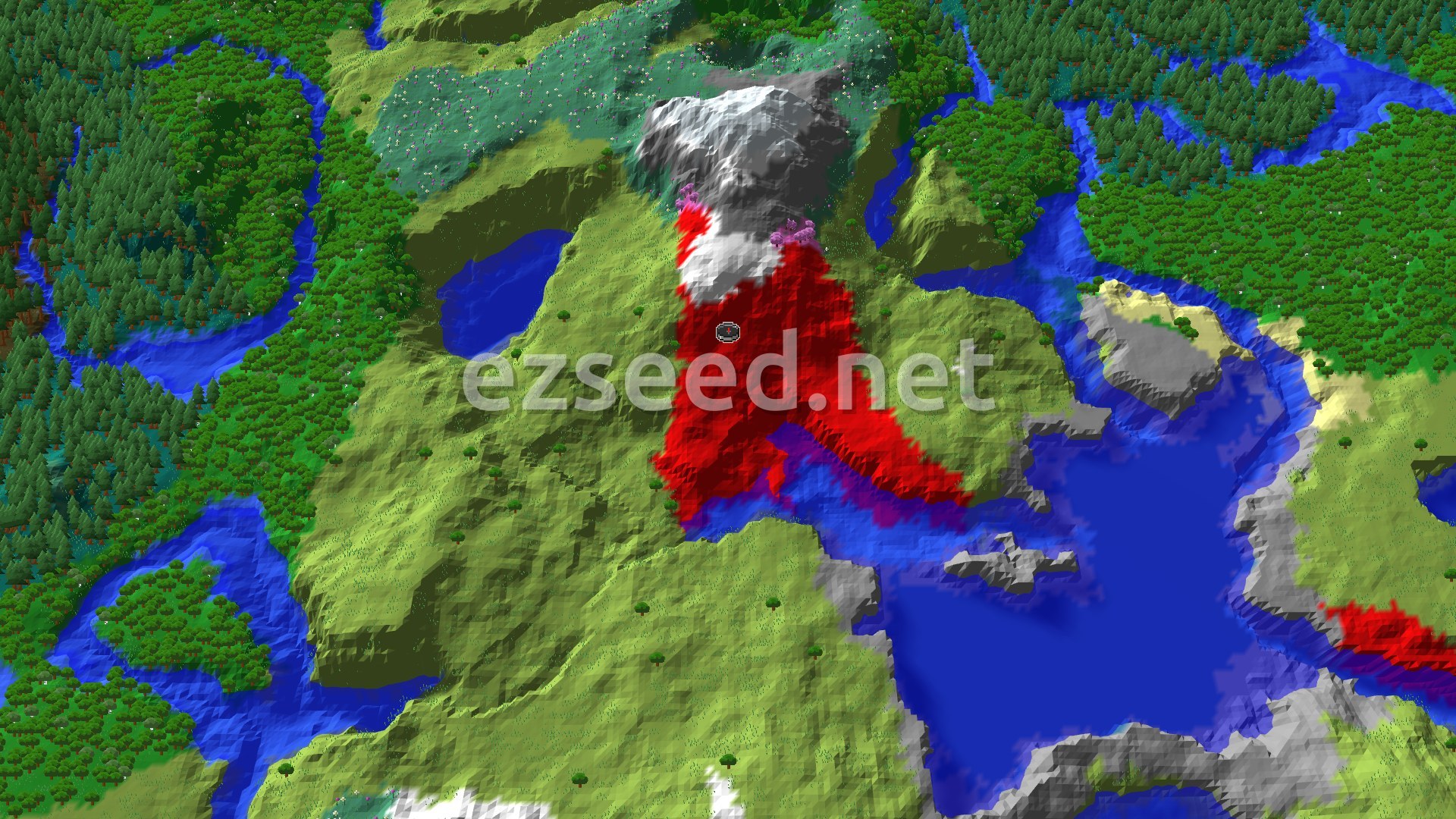 An aerial view of a varied landscape featuring green forests, a prominent snow-capped mountain with red-tinged slopes, and several bodies of blue water including a river system and a large lake.