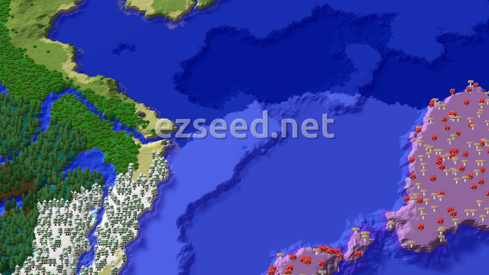 A 3D fly-over view of the spawn area shows a beach leading into a forest, with a snowy taiga further south. The deep blue ocean stretches to the east, where a large purple mushroom fields island is visible.