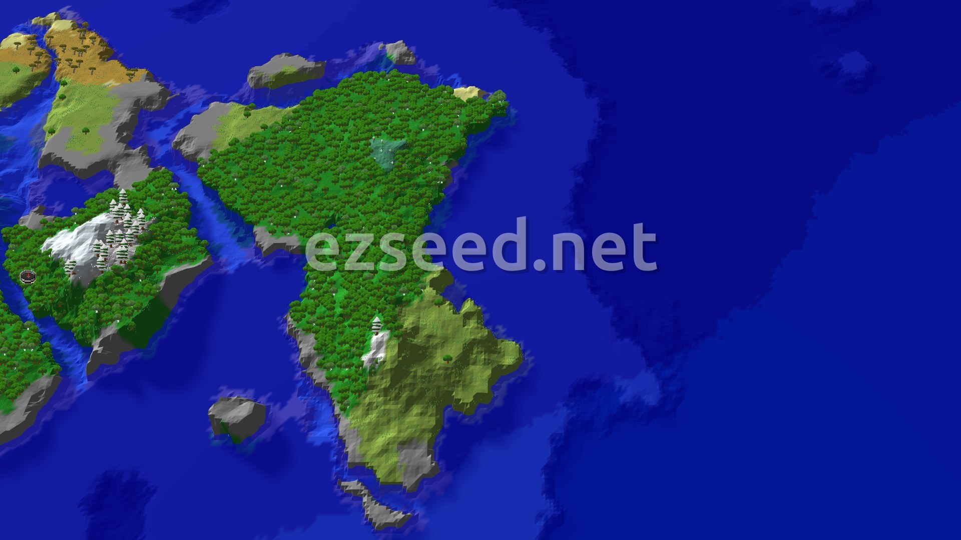 A 3D aerial view shows a large, verdant forest covering much of a landmass, with snowy peaks visible to the west and deep blue ocean surrounding the land.