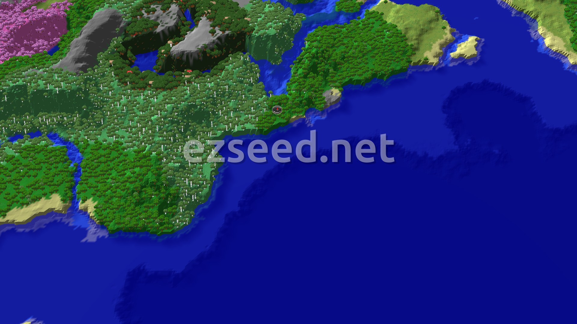 An aerial view of a forest, ocean, and birch forest with a subtle spawn marker.