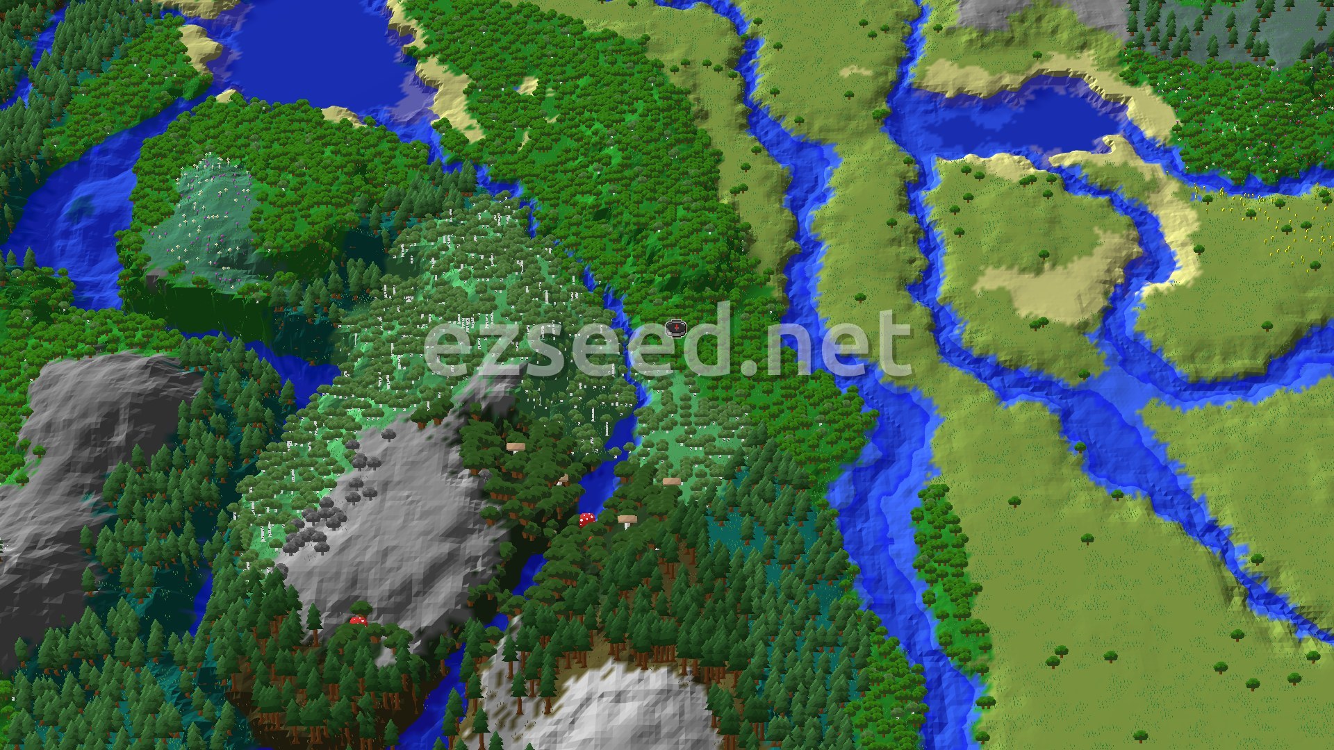An overhead view of a diverse Minecraft landscape featuring dense forests, winding rivers, and a mix of flat plains and gentle hills around the central spawn point.