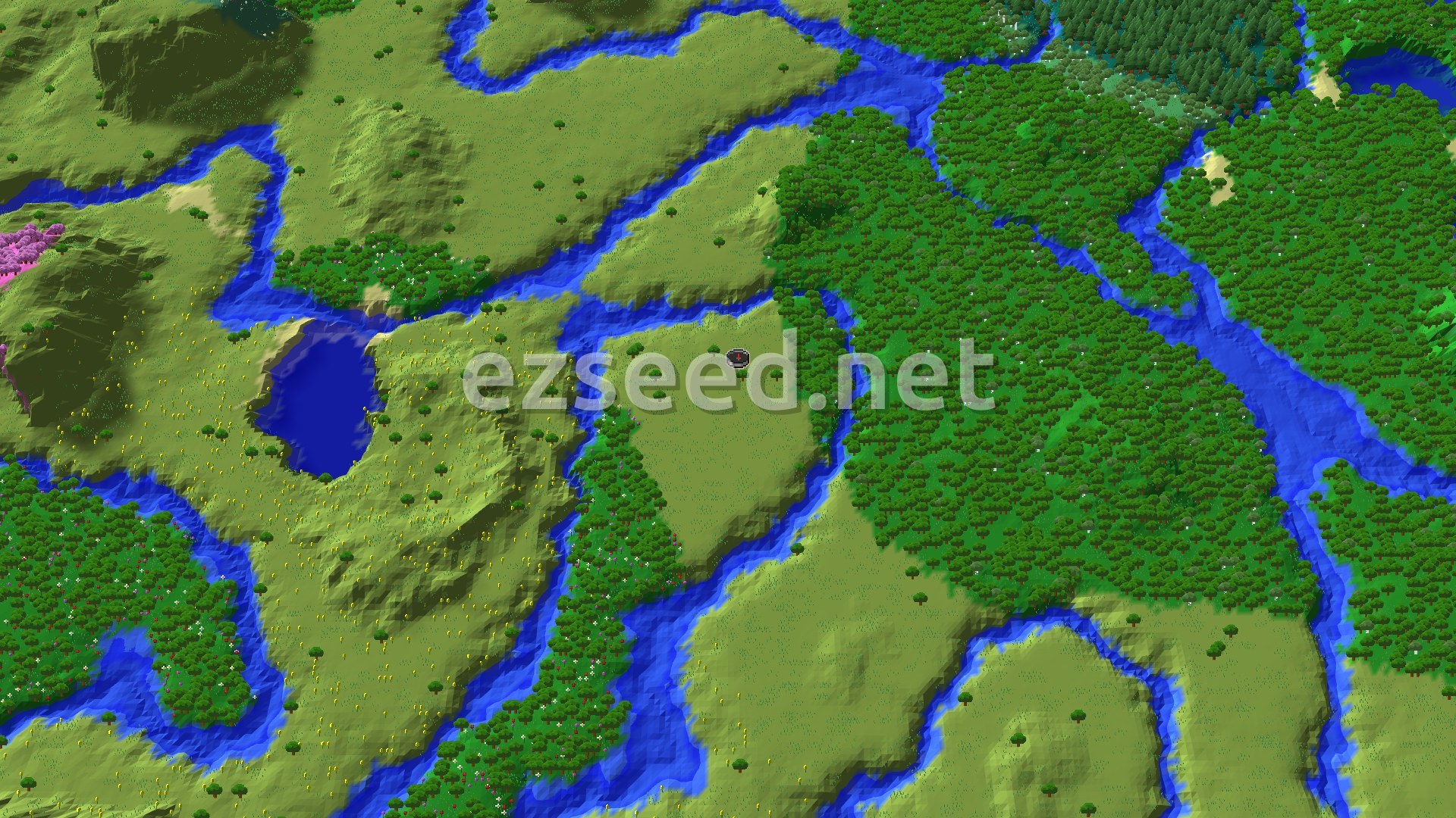 An overhead view of rolling green hills, dense forests, and winding blue rivers, with a small spawn marker at the center.