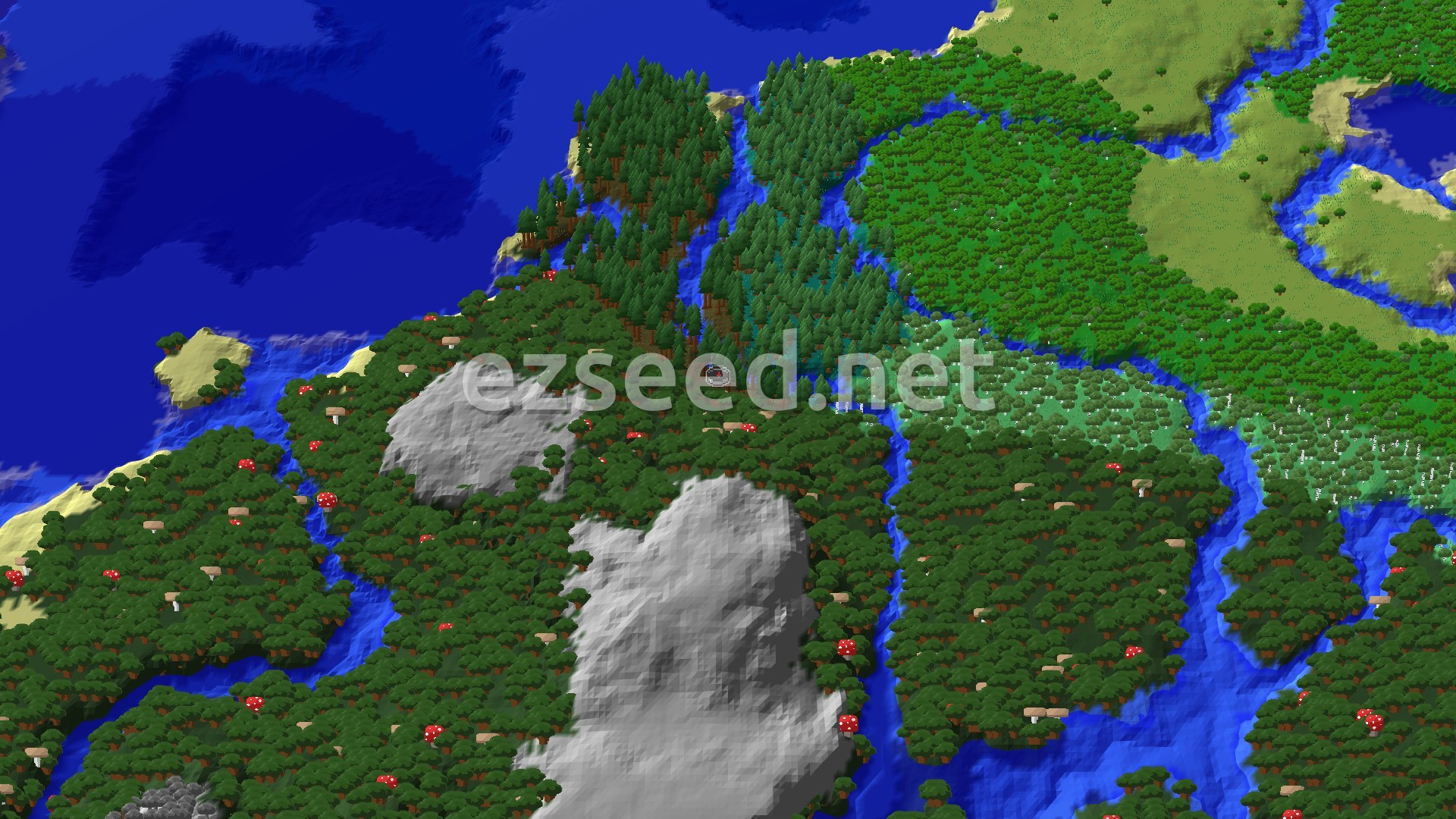 An overhead 3D view of a dense forest landscape with a winding river system and some exposed stone hills. A large body of water, an ocean, is visible to the west, with sandy beaches and a small island. The forest consists of various tree types, including tall pines, and scattered red mushrooms are visible throughout the darker forest areas.