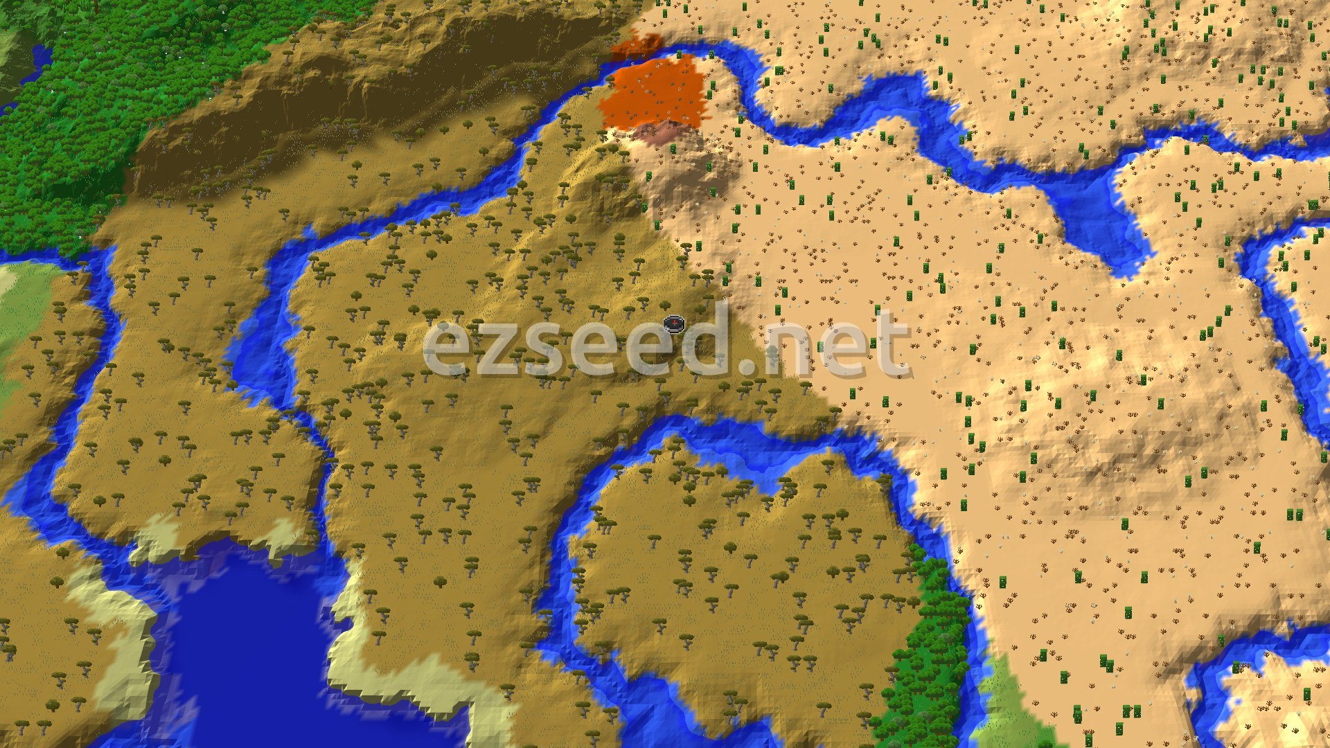An overhead map view of a savanna biome with many acacia trees, intersected by several winding rivers. To the east, the savanna transitions into a desert biome. A small patch of eroded badlands is visible to the north.