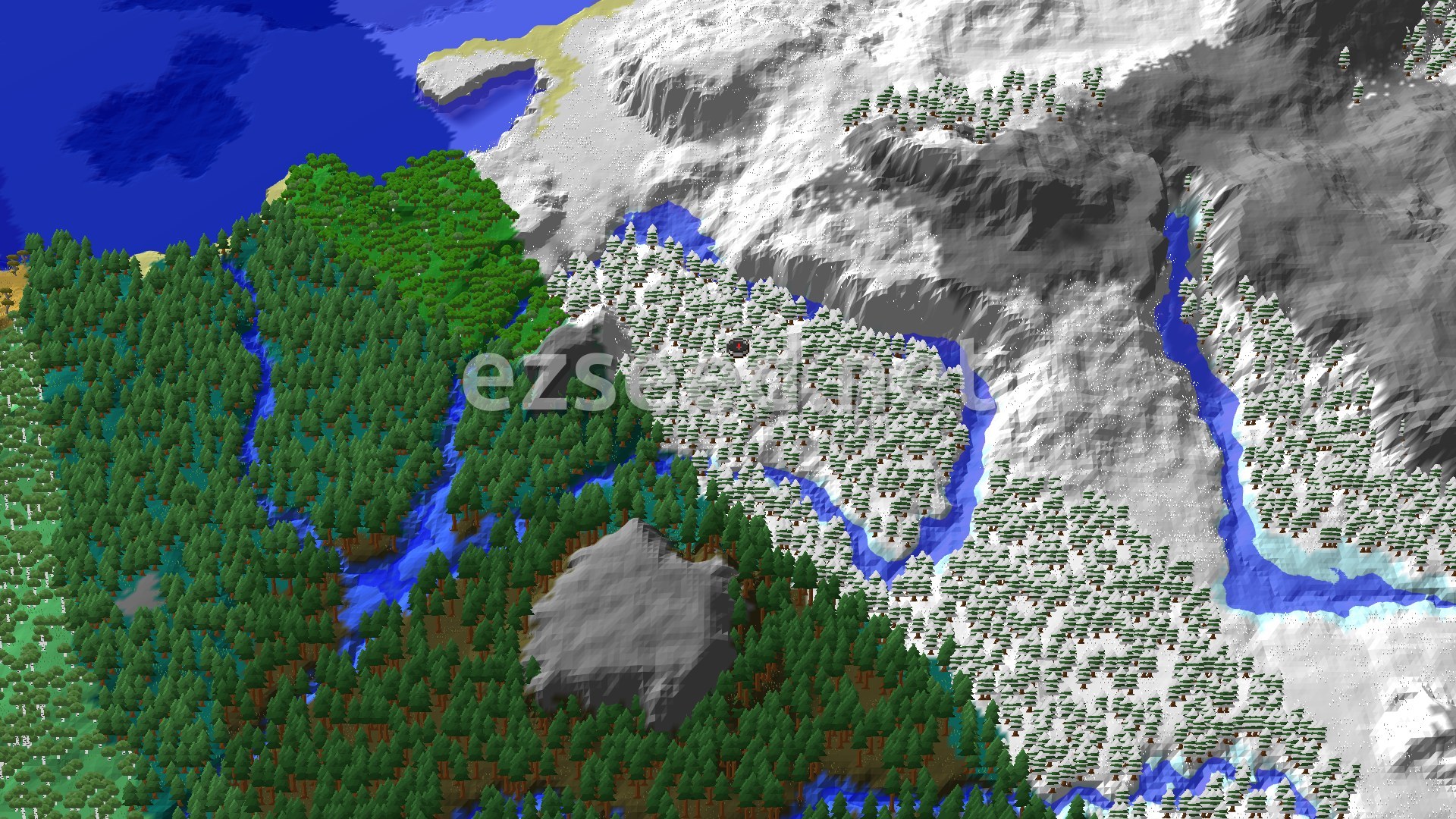 A 3D fly-over of a snowy taiga landscape with a frozen river winding through snow-dusted trees, leading to tall, snow-capped mountains. A dark forest is visible to the left, and a small spawn marker is in the center.