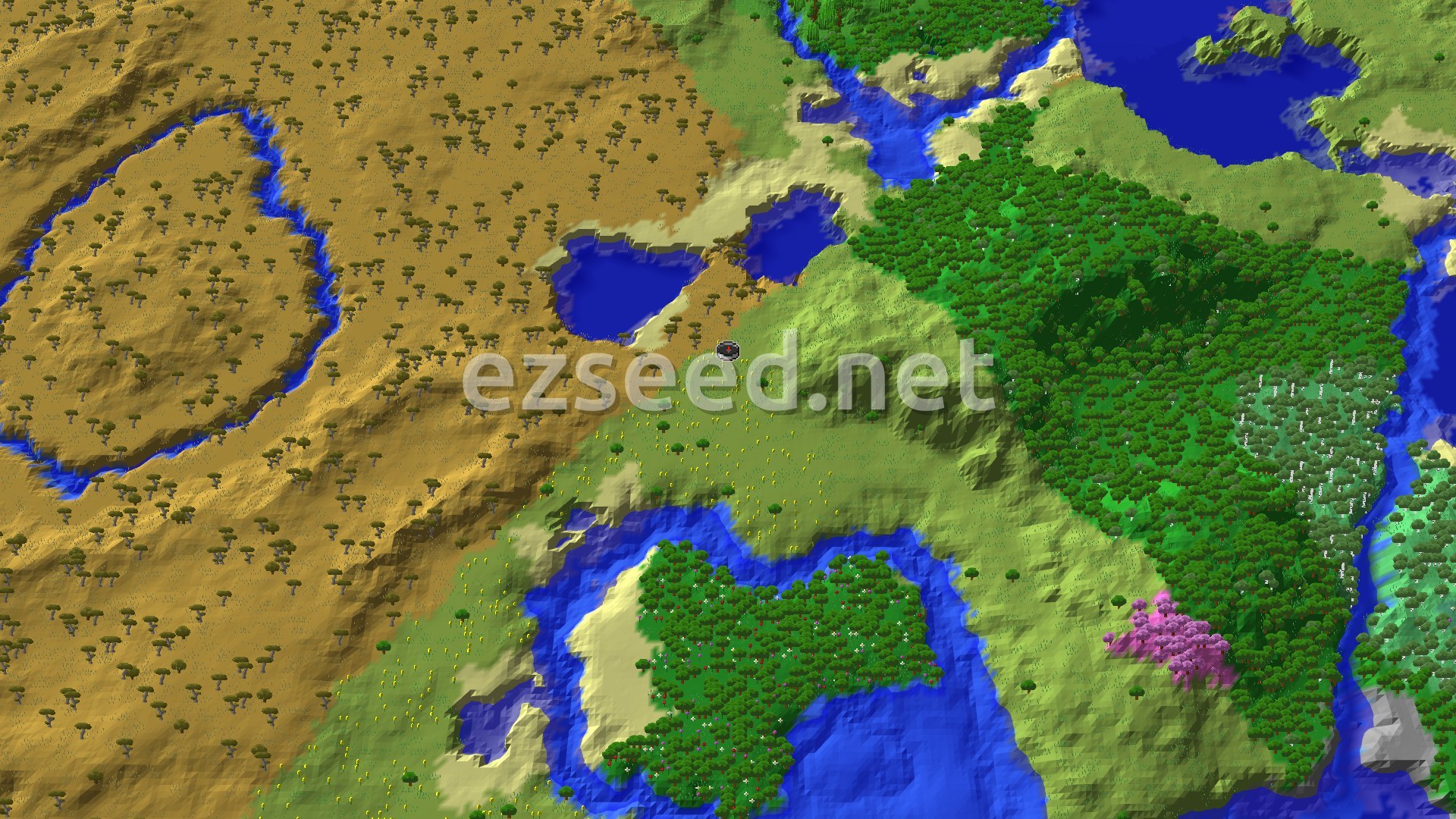 An aerial view of the spawn area, showing a mix of green plains, a vast savanna, a winding river, and a distinctive pink Cherry Grove.