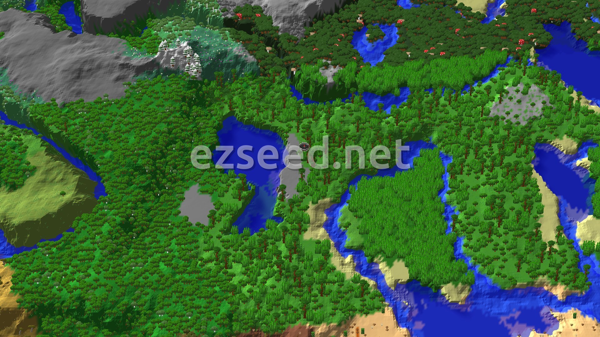 A 3D fly-over of a lush green jungle, surrounded by water and with a snowy mountain range in the distance.