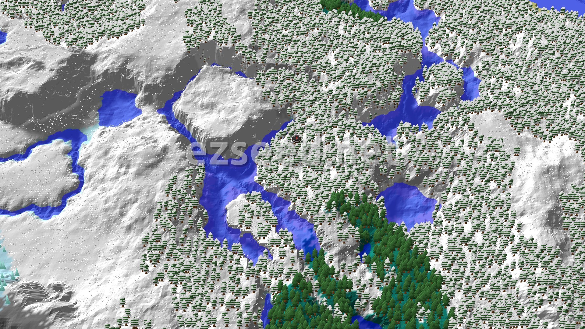Aerial Minecraft seed map — Snowy Taiga Spawn with Nearby Ancient City