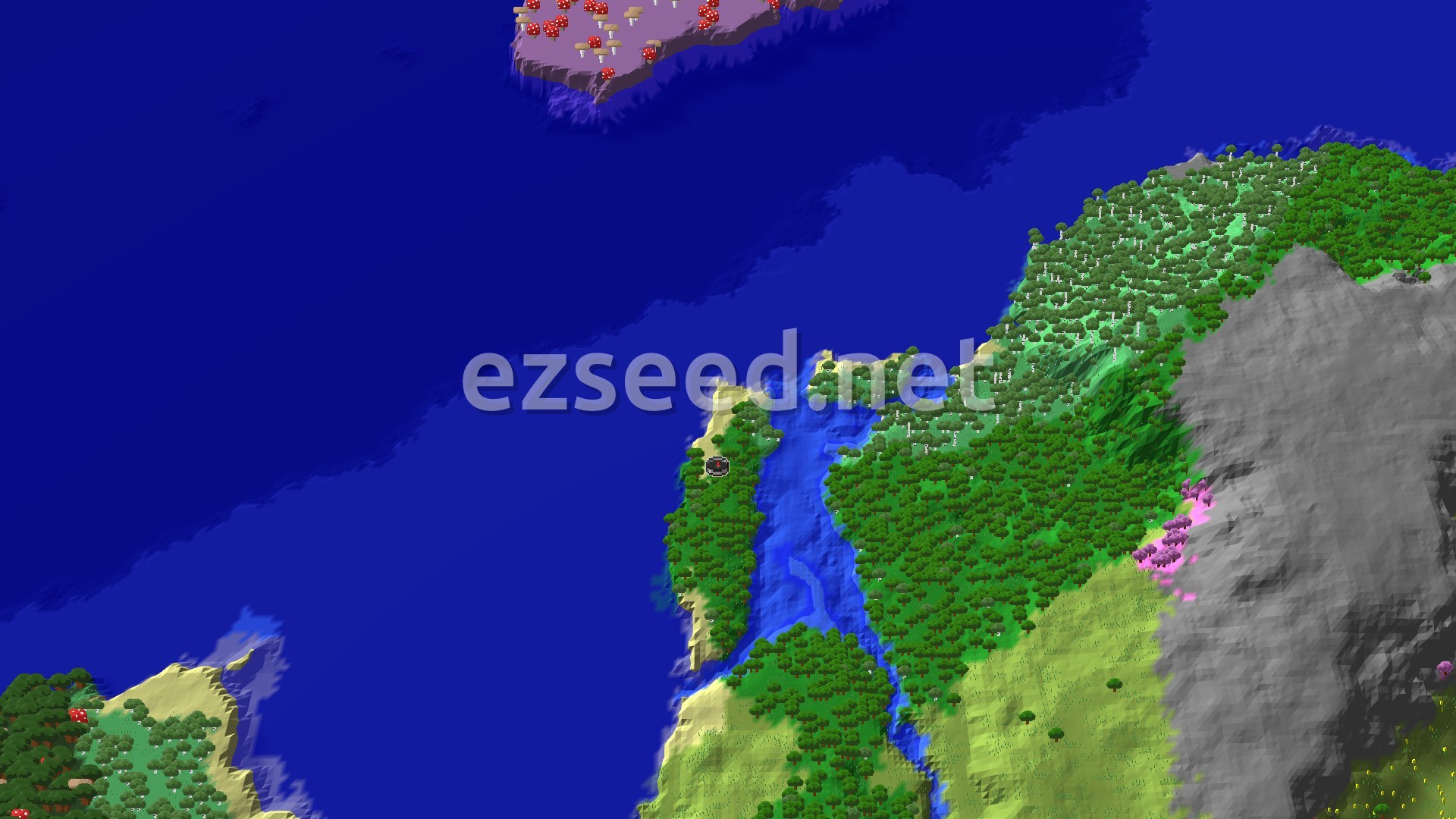 An aerial view of a varied landscape, showing a dense forest, a winding river, and a large ocean. A small patch of pink trees, indicative of a Cherry Grove, is visible near a gray mountain range. A Mushroom Fields biome is also visible across the water.