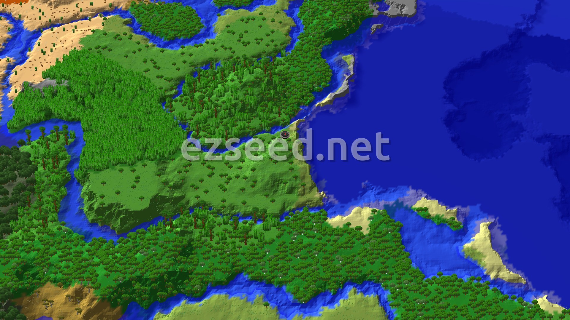 A bird's eye view shows a mix of dense green jungle, lighter green plains, and a large blue ocean with sandy beaches. A river winds through the landscape, and brown and orange badlands can be seen in the distance.