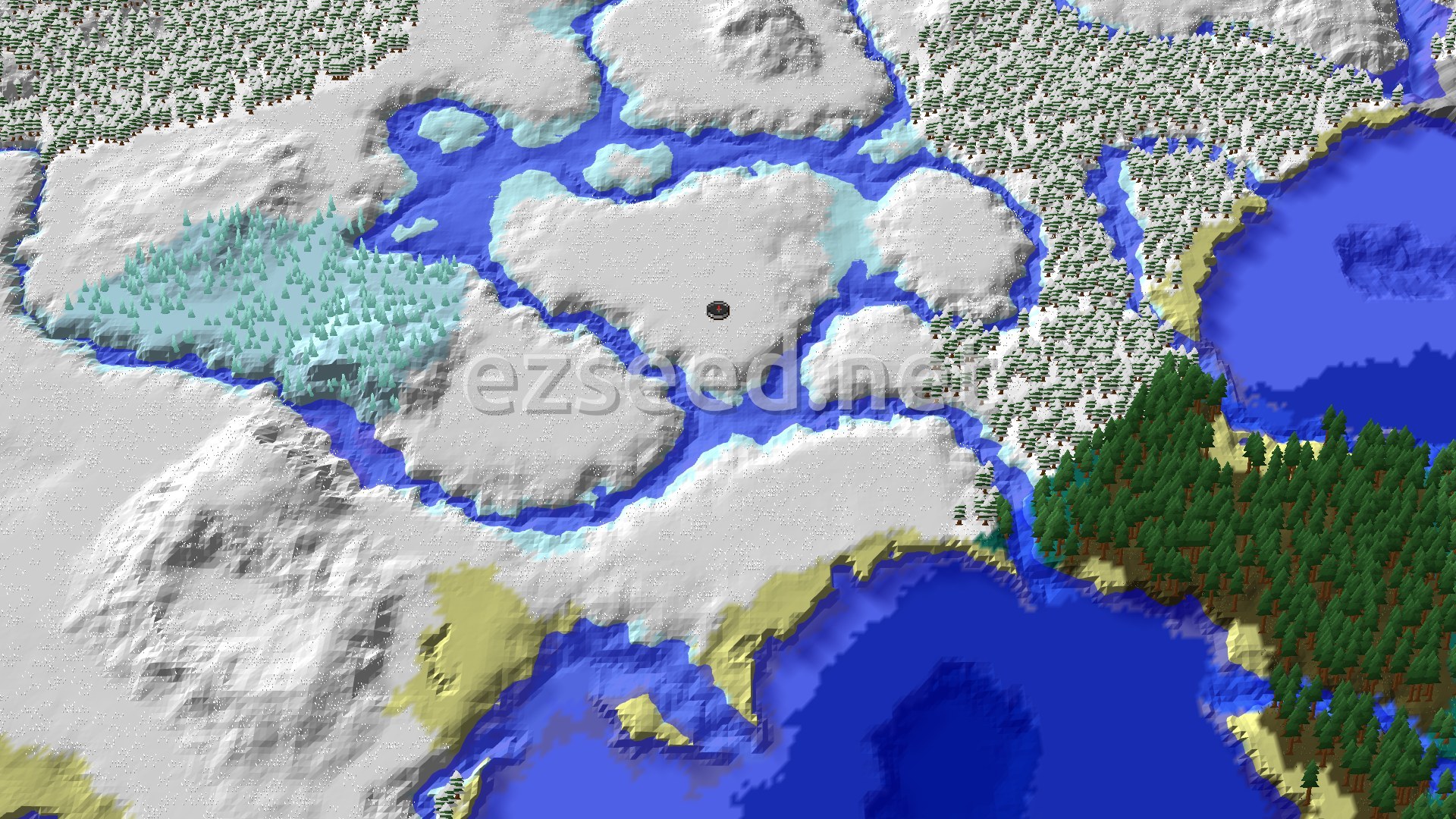 A snowy, mountainous landscape with ice rivers and dark green taiga forests bordering cold oceans. A spawn marker sits in a flat snowy plains area.