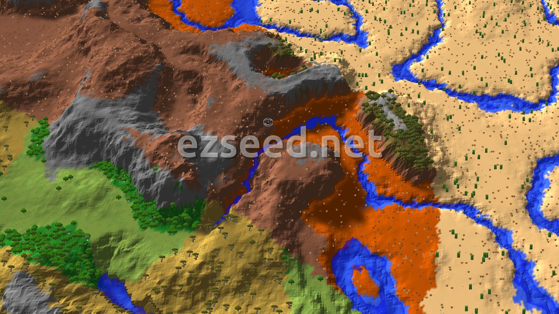 An overhead view of a diverse landscape featuring reddish-brown badlands, green forests, and tan desert areas, all cut through by winding blue rivers.