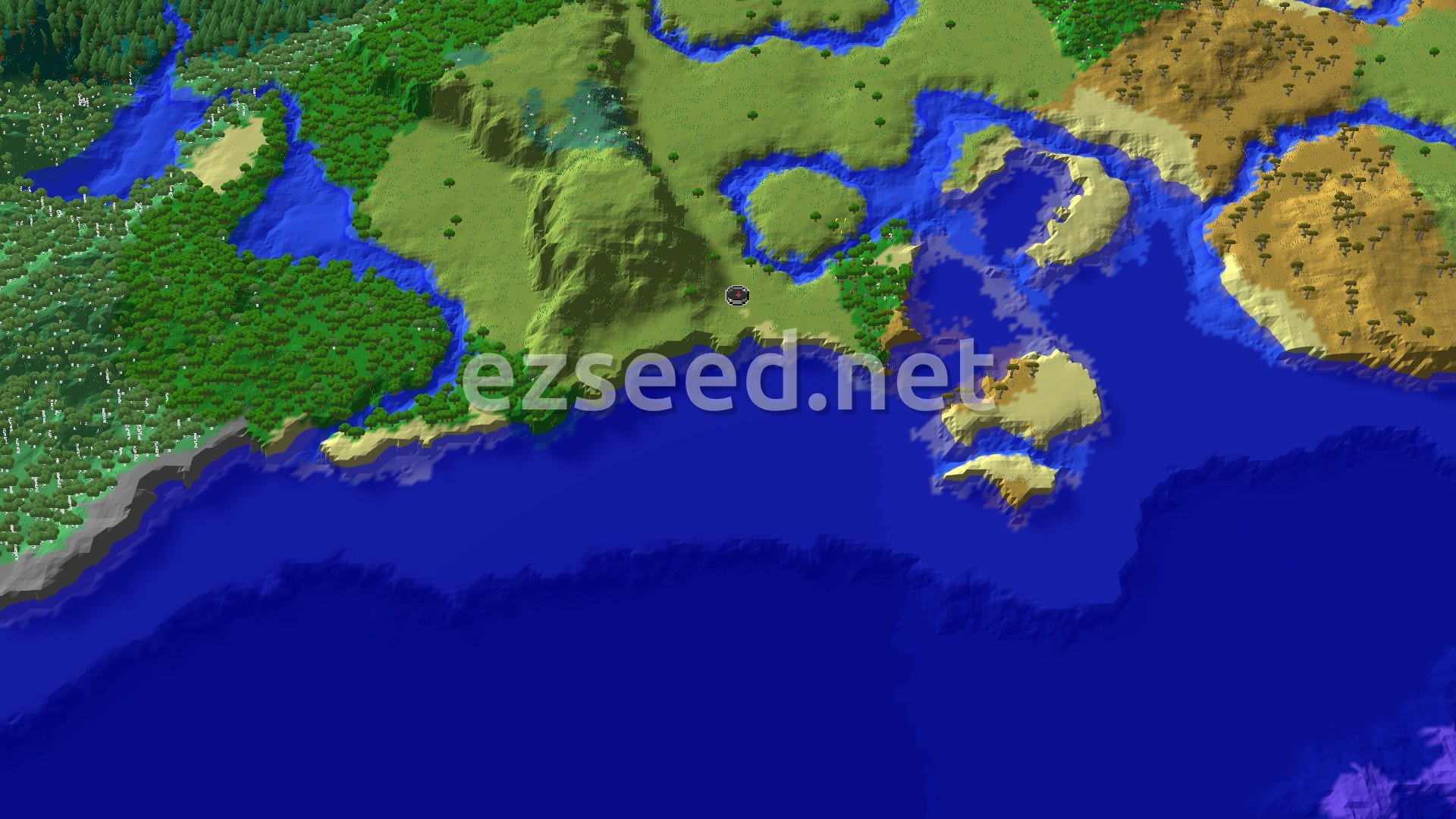 A 3D fly-over of the terrain and vegetation around spawn, showing a varied landscape with plains, forests, and oceans, with a small spawn marker at the center.