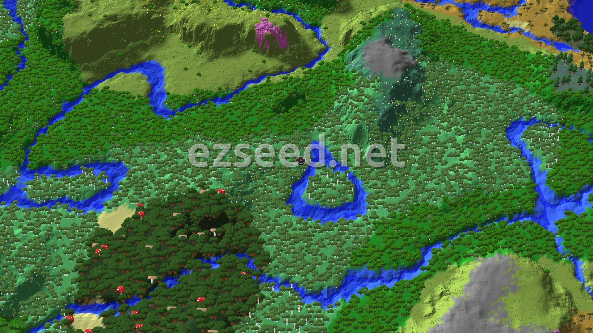 Aerial Minecraft seed map — Forest Spawn with Abandoned Village and Jungle Temple