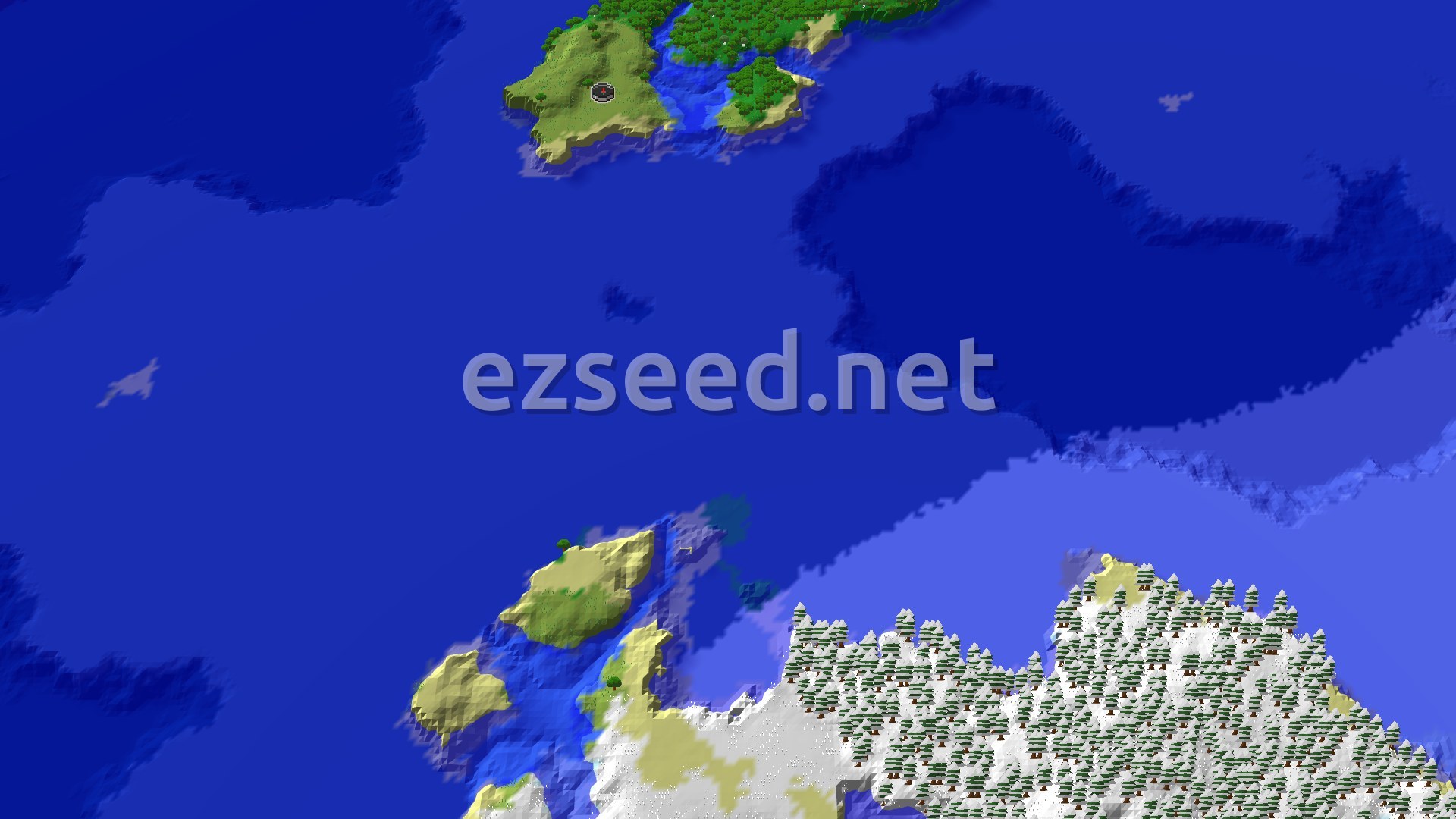 An overhead view of a large island covered in green plains and forests, surrounded by blue ocean. A small marker indicates the spawn point on the island, with distant snowy biomes visible.