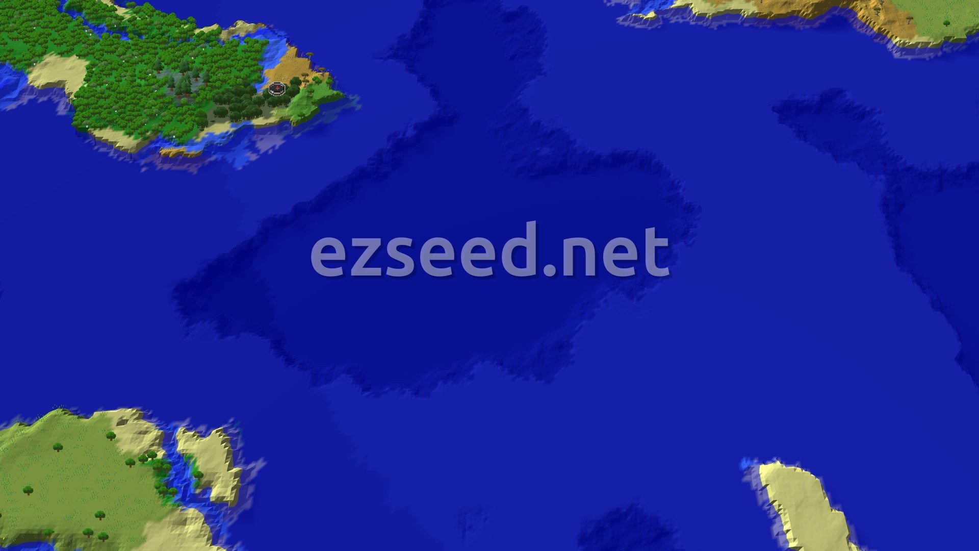 A 3D fly-over of a verdant island, featuring dense green forests, sandy beaches, and a small spawn marker, surrounded by a deep blue ocean.