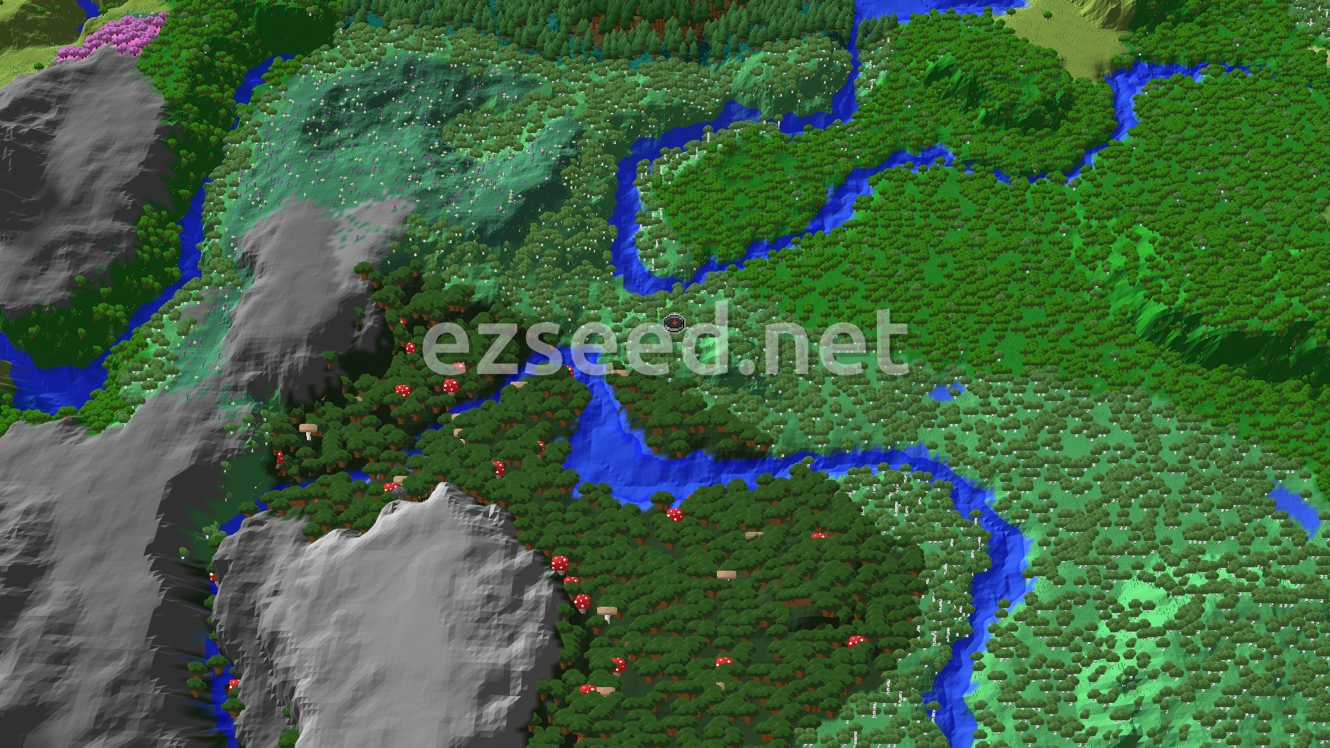 A 3D fly-over rendering of a Minecraft world, showing a dense forest with a winding river and some mountainous terrain to the left, with a small spawn marker in the center.