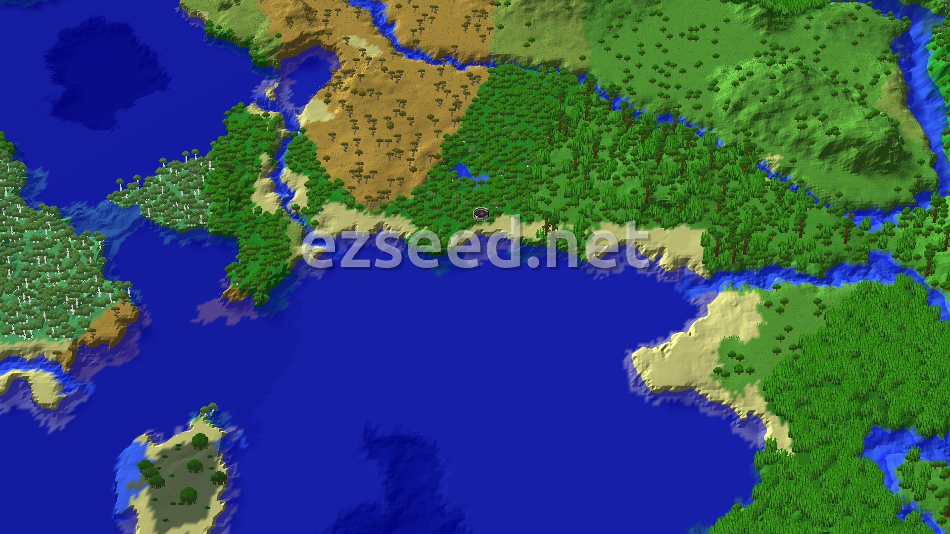 A 3D overhead view shows a spawn marker on a beach, surrounded by a dense forest, with a savanna biome to the north and open ocean to the south.