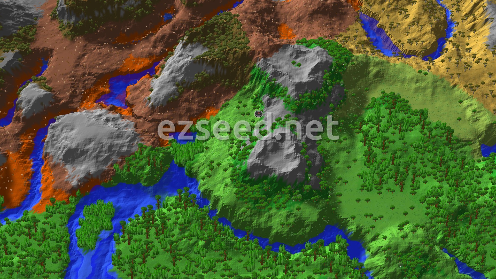 A 3D fly-over of the terrain and vegetation around spawn, showing a varied landscape of jungle, badlands, and mountains with a small spawn marker.