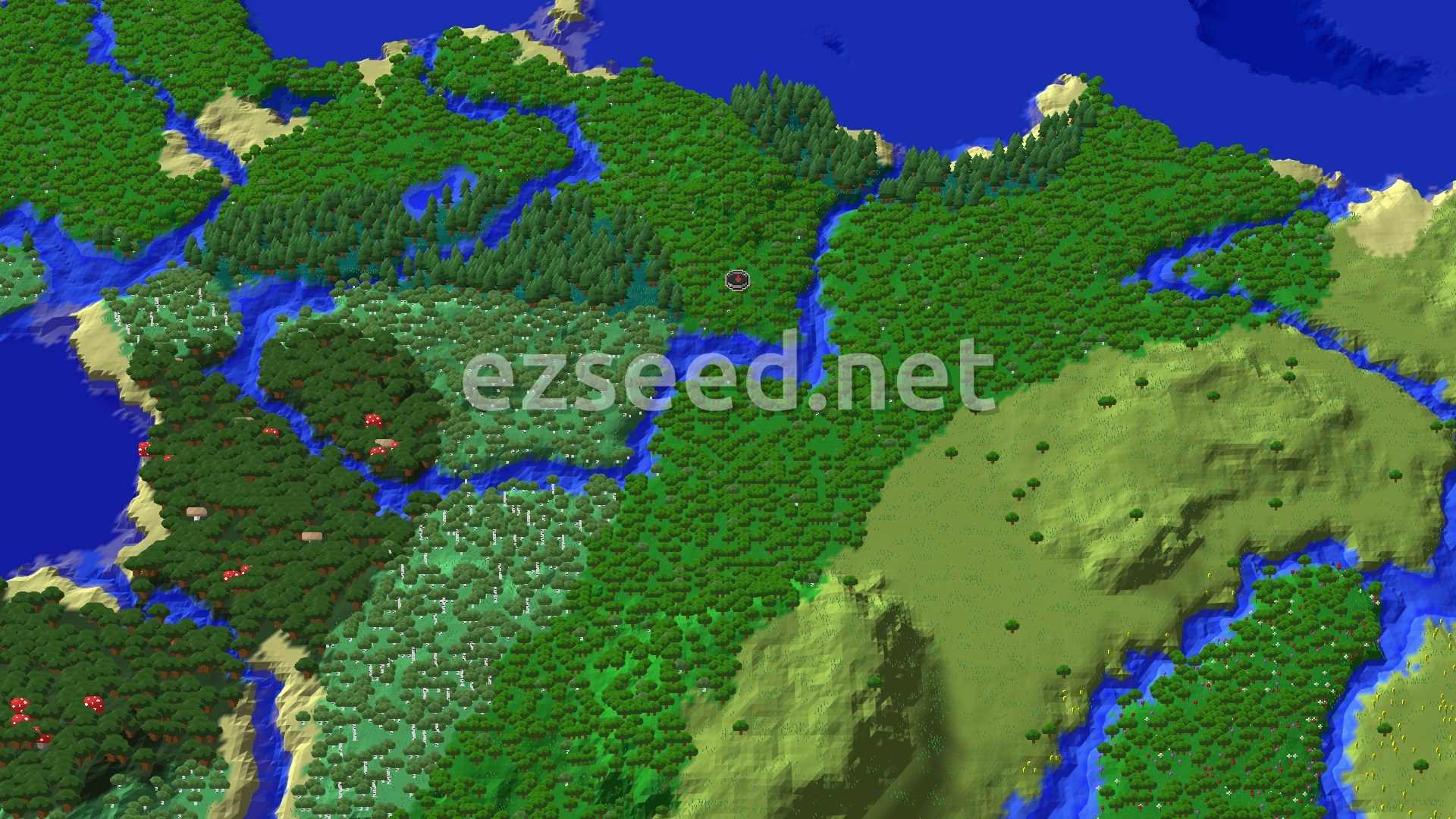 An overhead view of a diverse landscape featuring a mix of green forests, light-colored beaches, winding rivers, and larger bodies of water. The spawn marker is centered in a dense forest area.