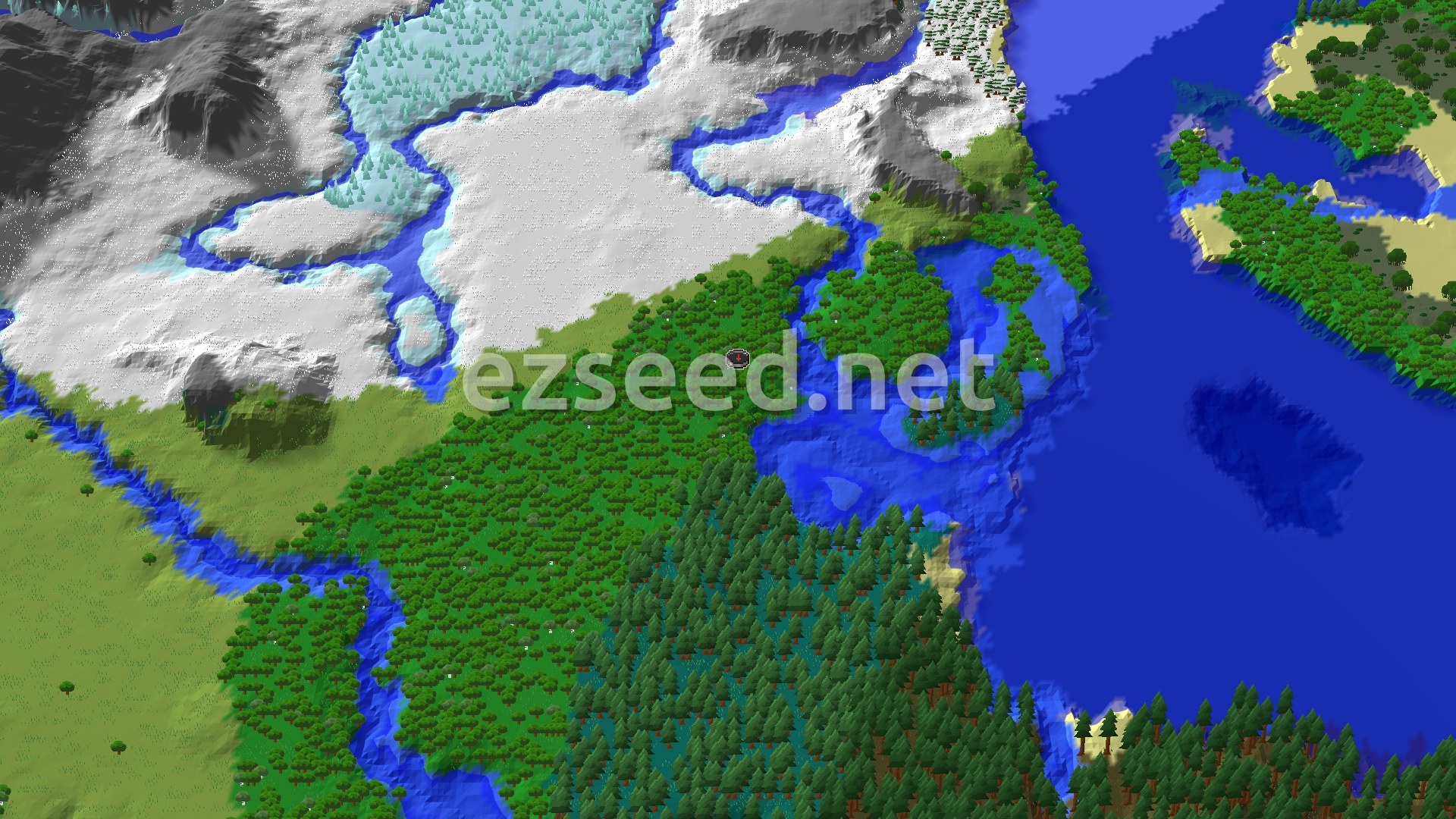 An overhead 3D view of a Minecraft world showing a dense green forest in the foreground, transitioning to snowy mountains and icy plains in the background, with a prominent blue river cutting through the landscape. A small red spawn marker is visible in the forest.