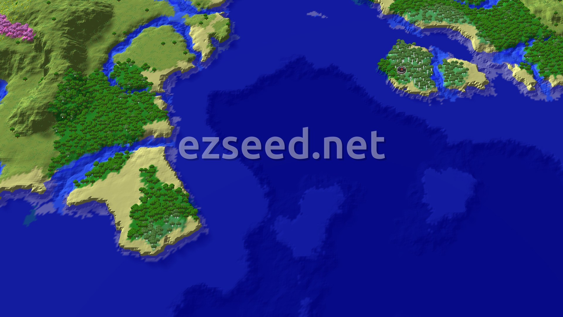 An aerial view of a forested coastline, with a small marker at the center indicating the spawn point, and open water beyond.