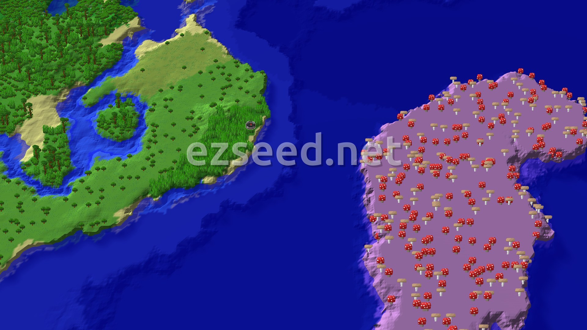 A 3D fly-over rendering of a Minecraft world, showing a dense bamboo jungle with tall bamboo stalks and lush green foliage, surrounded by various other biomes and a body of water, with a small marker at the spawn point.