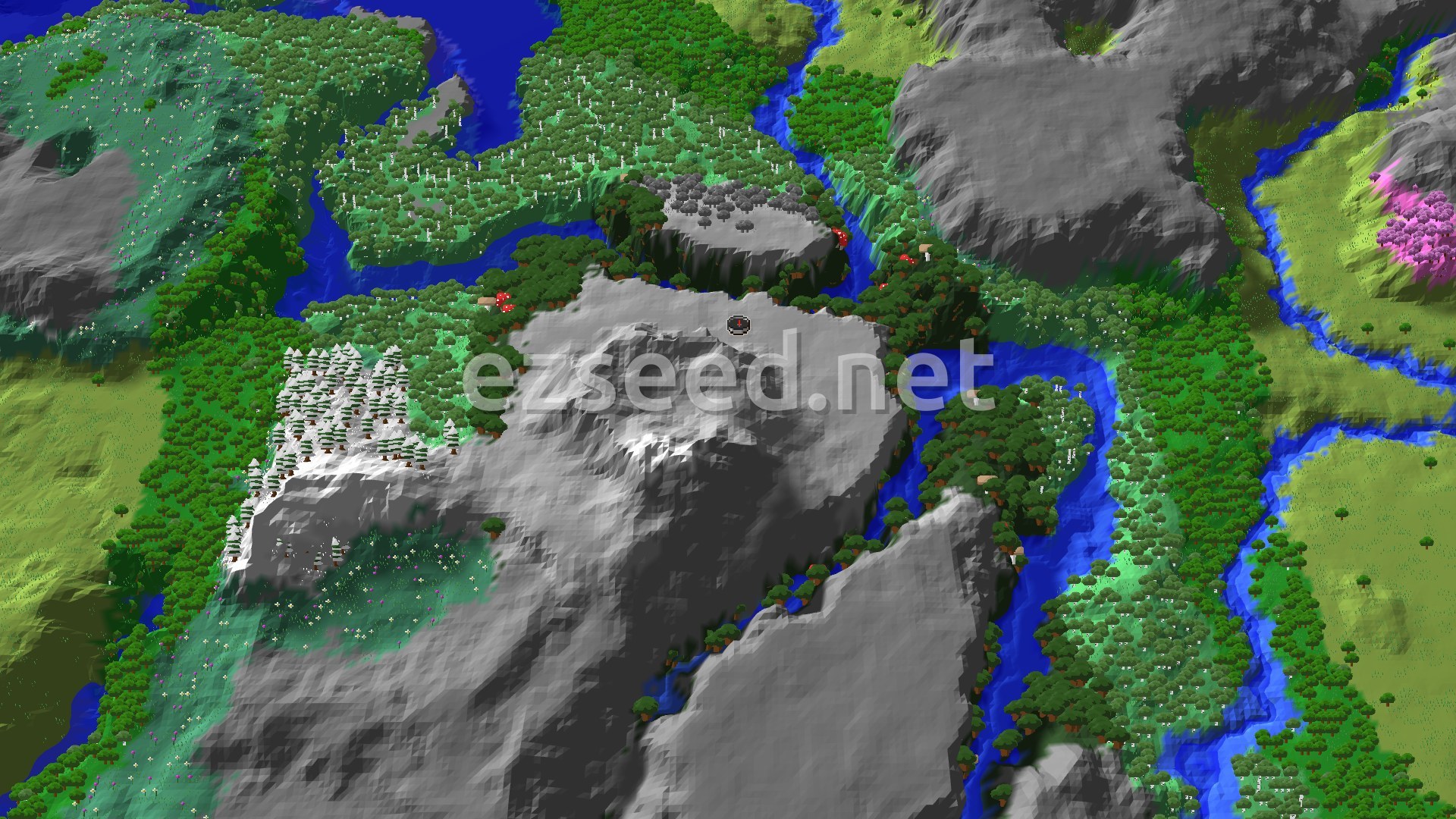 An aerial view of a Minecraft world showing a dense dark forest, a large gray mountain range, winding rivers, and a small patch of pink cherry blossoms in the distance.