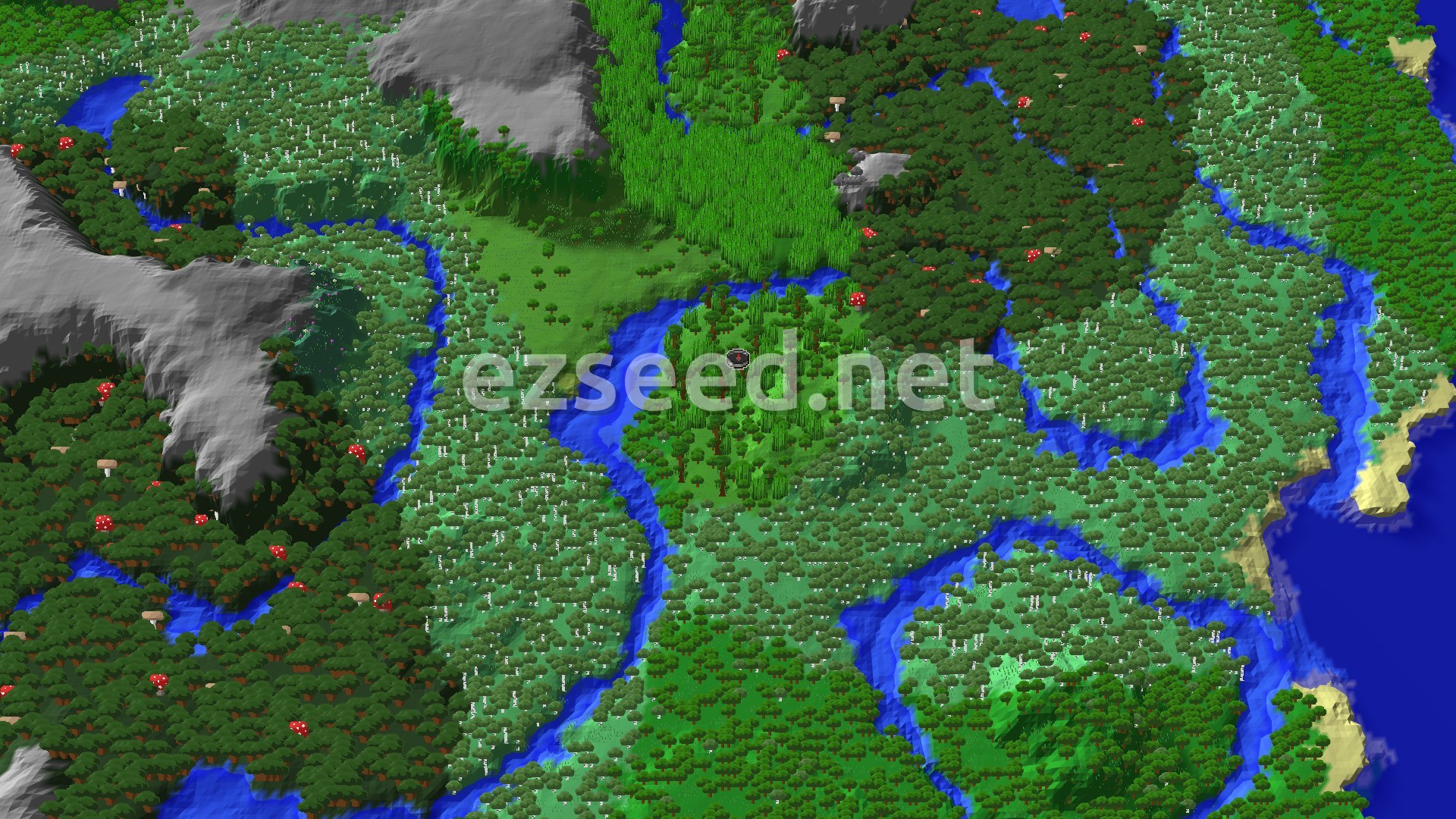 Aerial Minecraft seed map — Jungle Spawn with Nearby Bamboo