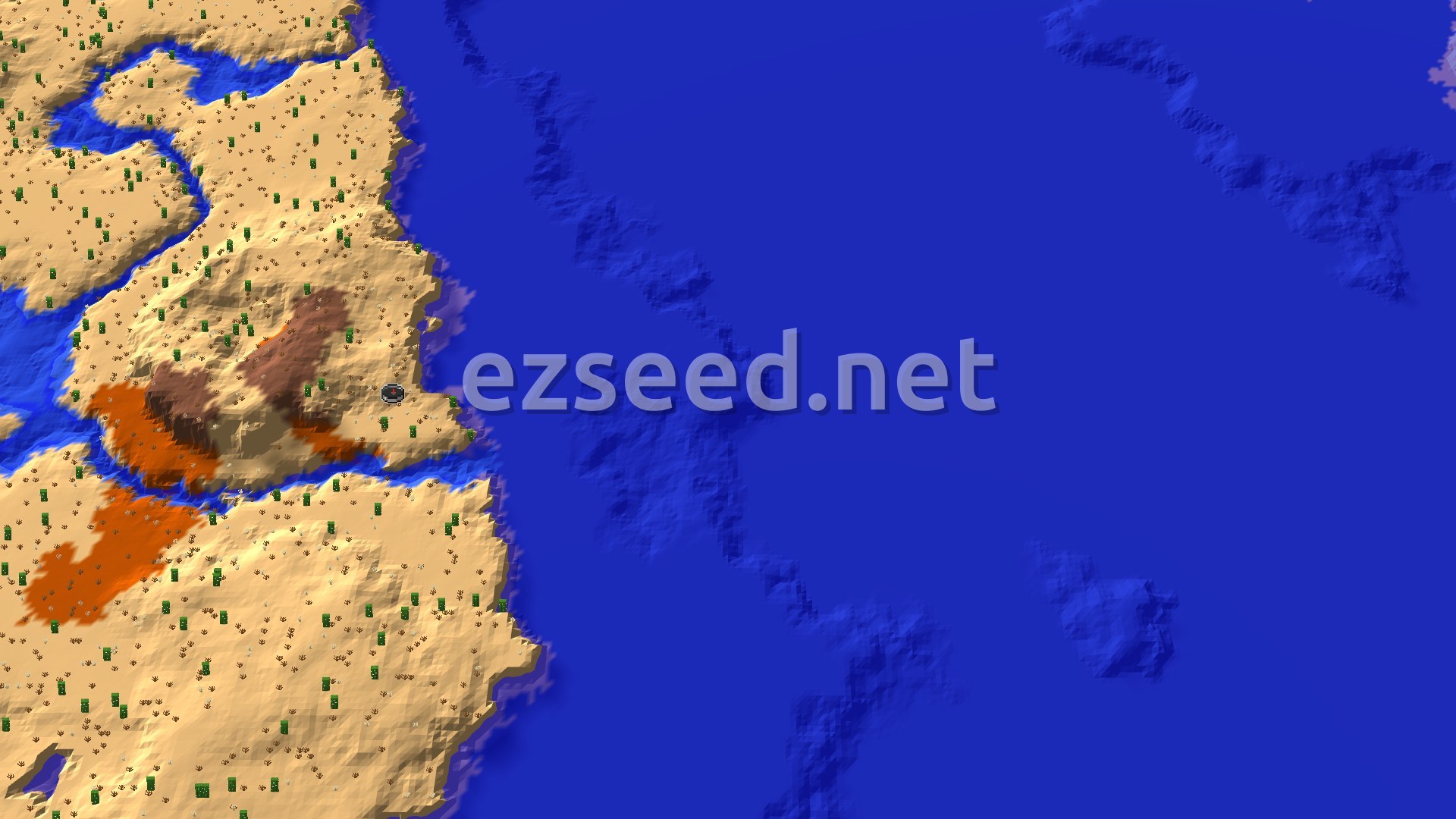 Aerial Minecraft seed map — Eroded Badlands at Spawn, Close-By Village