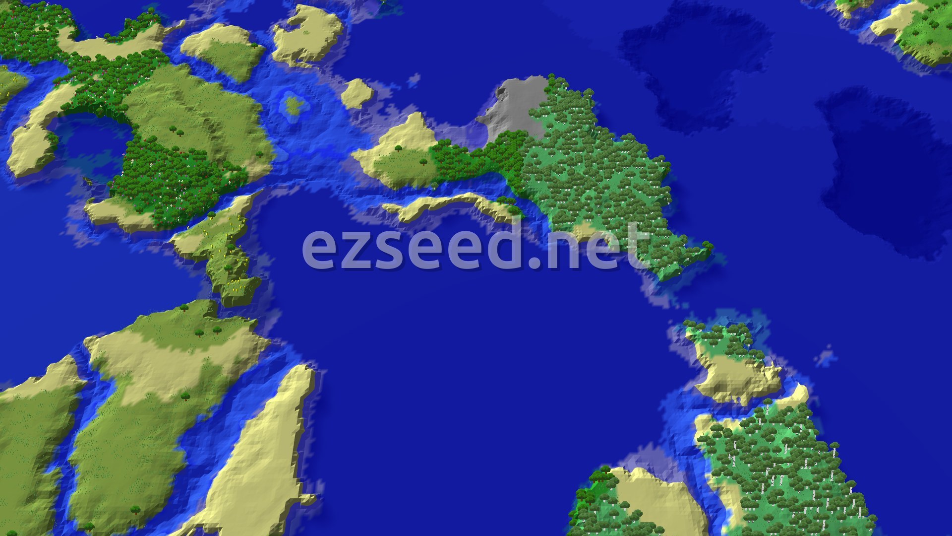 An aerial view of the spawn area, showing a mix of green plains and forests, surrounded by blue ocean and rivers, with some sandy beaches and small islands.