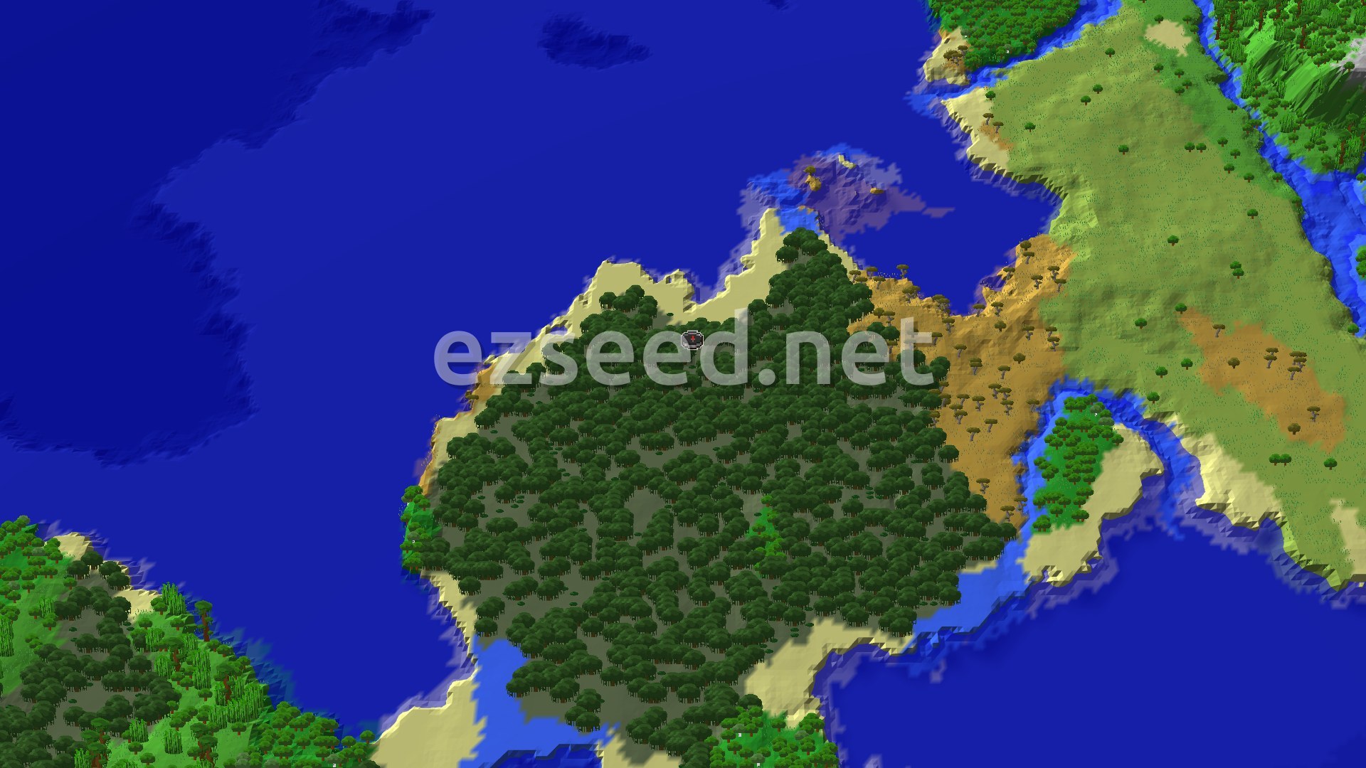 An overhead view of a large, dense mangrove swamp island surrounded by ocean, with beaches and savannas on the mainland.