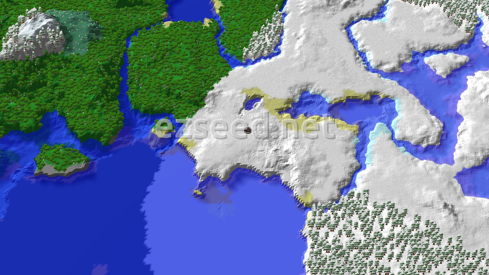 A 3D overhead view shows a spawn marker in a vast snowy biome, bordered by a large ocean and a dense forest on the opposite side.