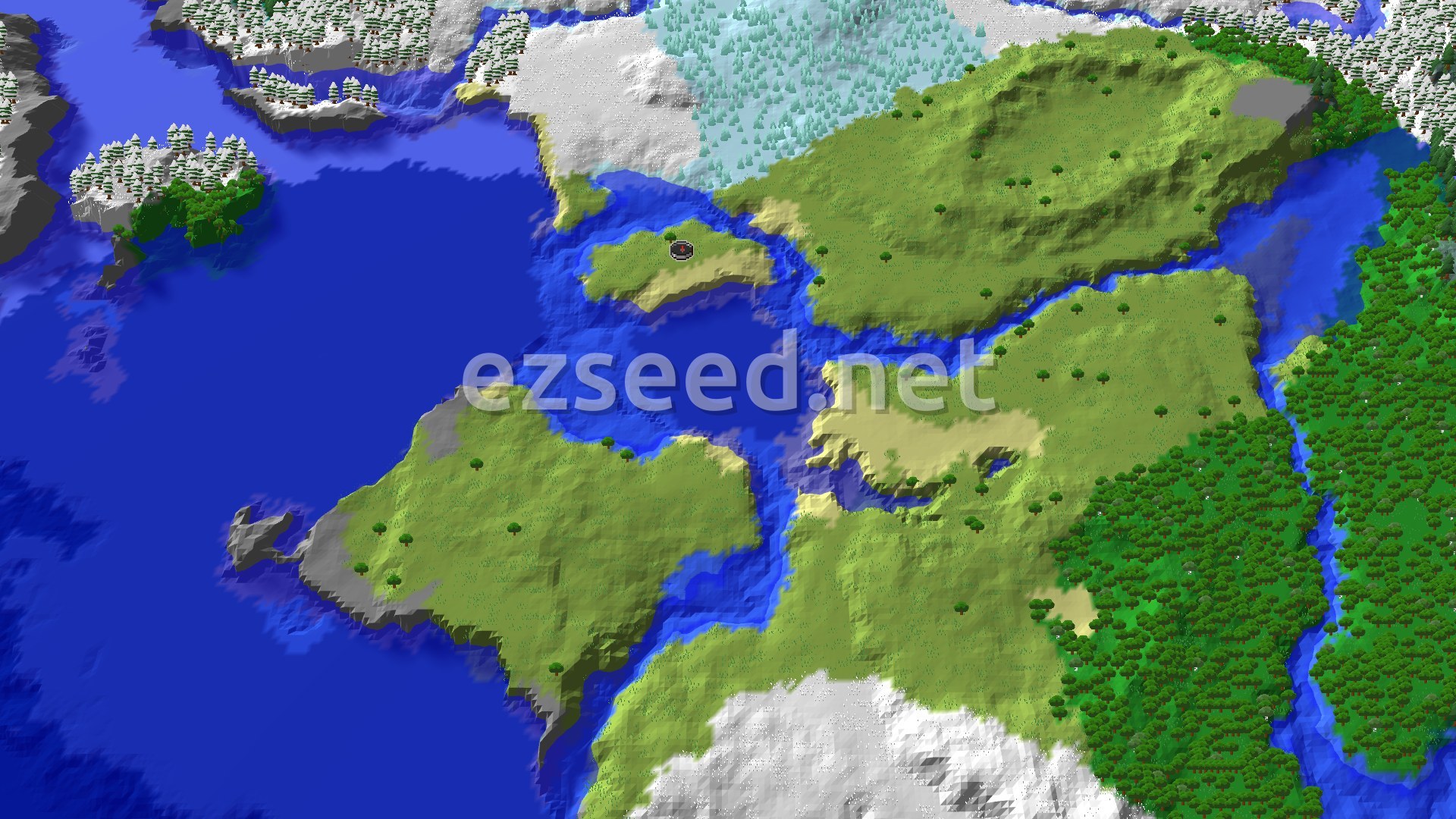 Aerial Minecraft seed map — Ice Spikes and Cold Ocean Islands Near Spawn