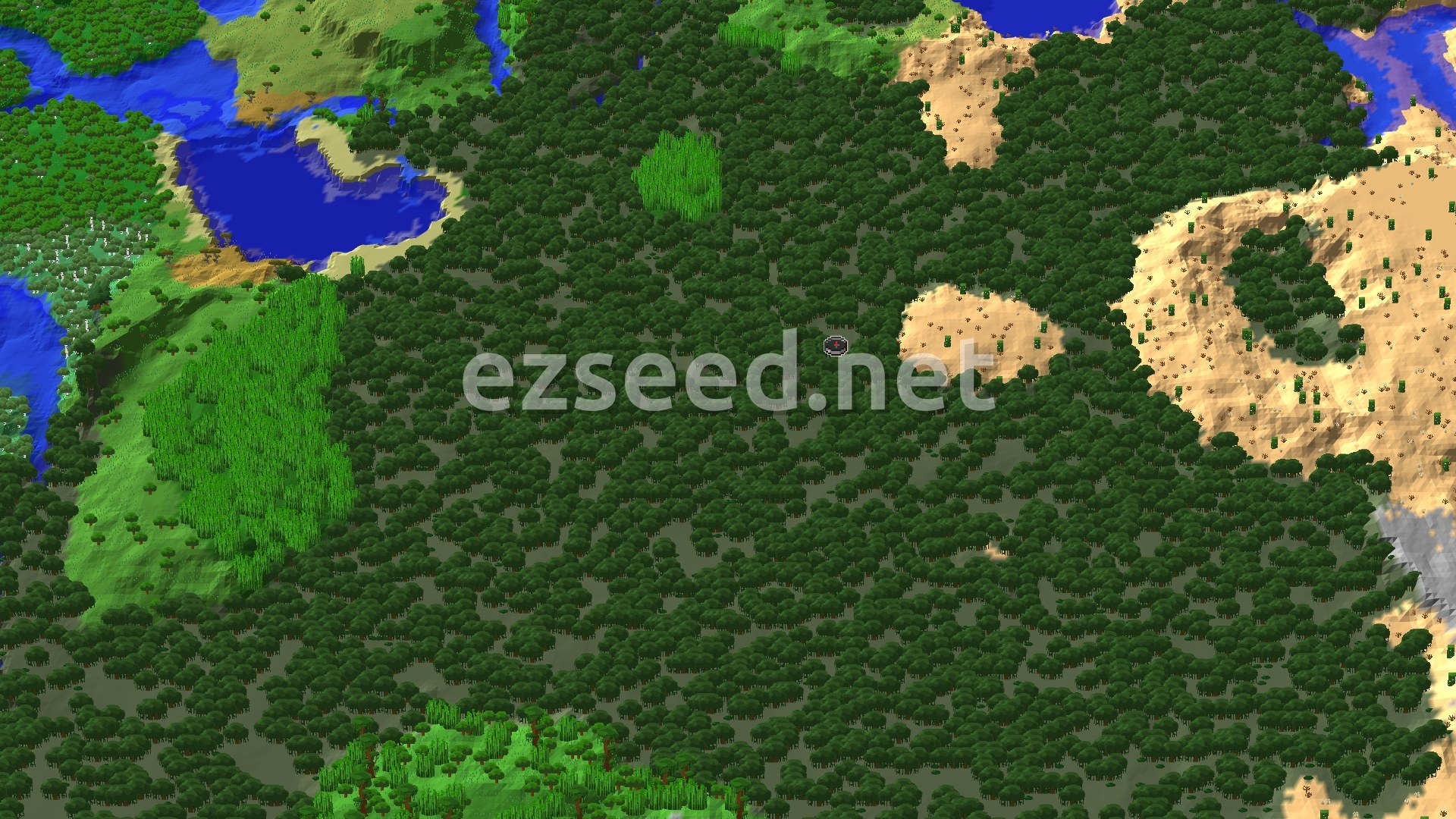 An aerial view of a dense, dark green mangrove swamp leading into a lighter green jungle, with patches of desert and water bodies at the edges. A small spawn marker is visible in the swamp.