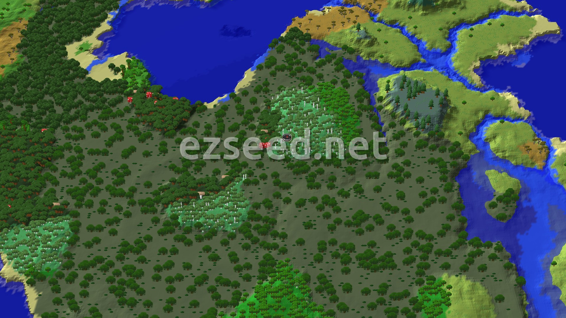 An aerial view of a mostly forested landscape with a large body of water to the north and east, and a small marker indicating the spawn point in a birch forest.