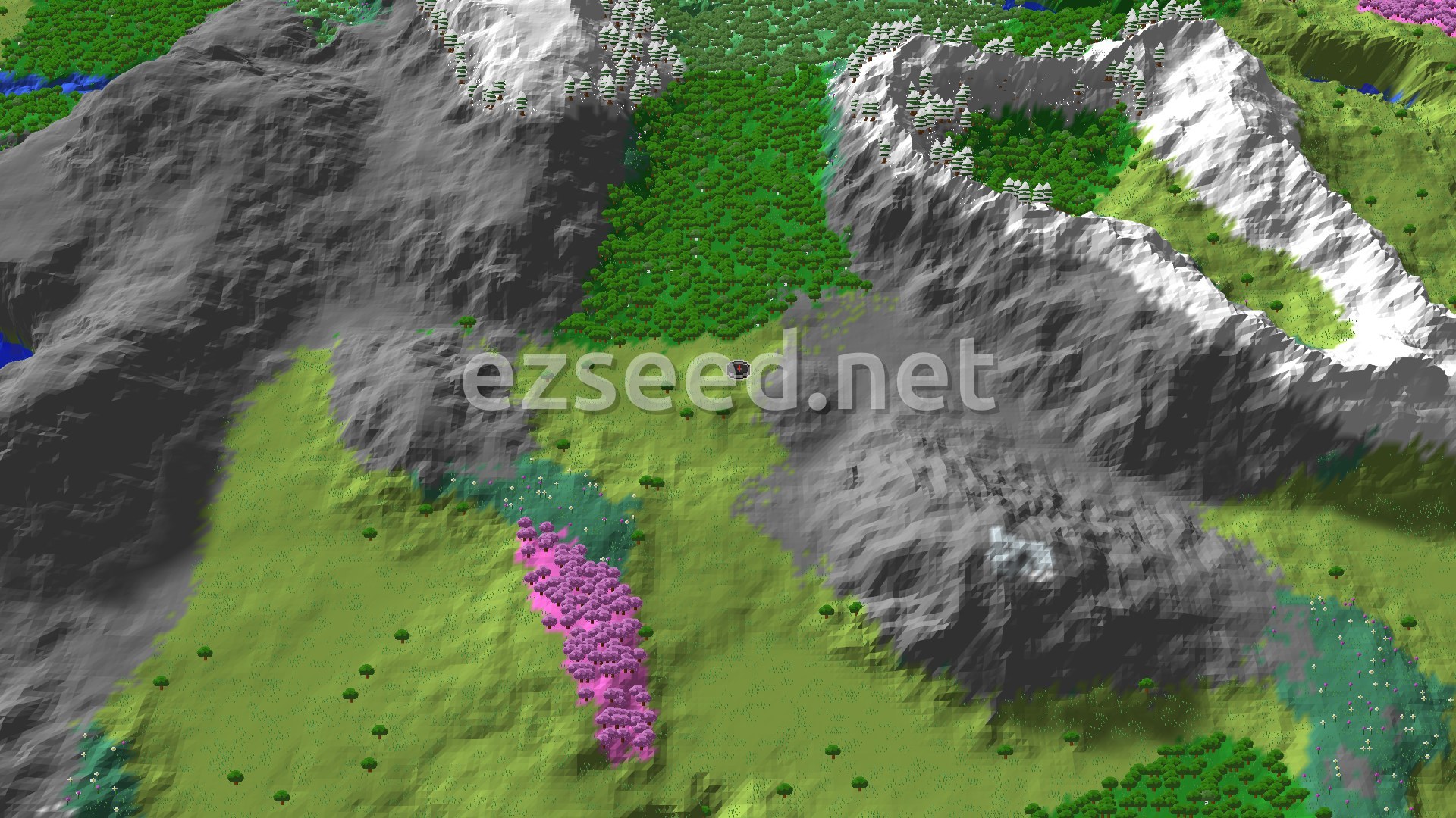 A bird's-eye view of a Minecraft landscape with a central spawn marker. Snow-capped mountains rise to the north and east, contrasting with a vibrant cherry grove and green plains to the south.