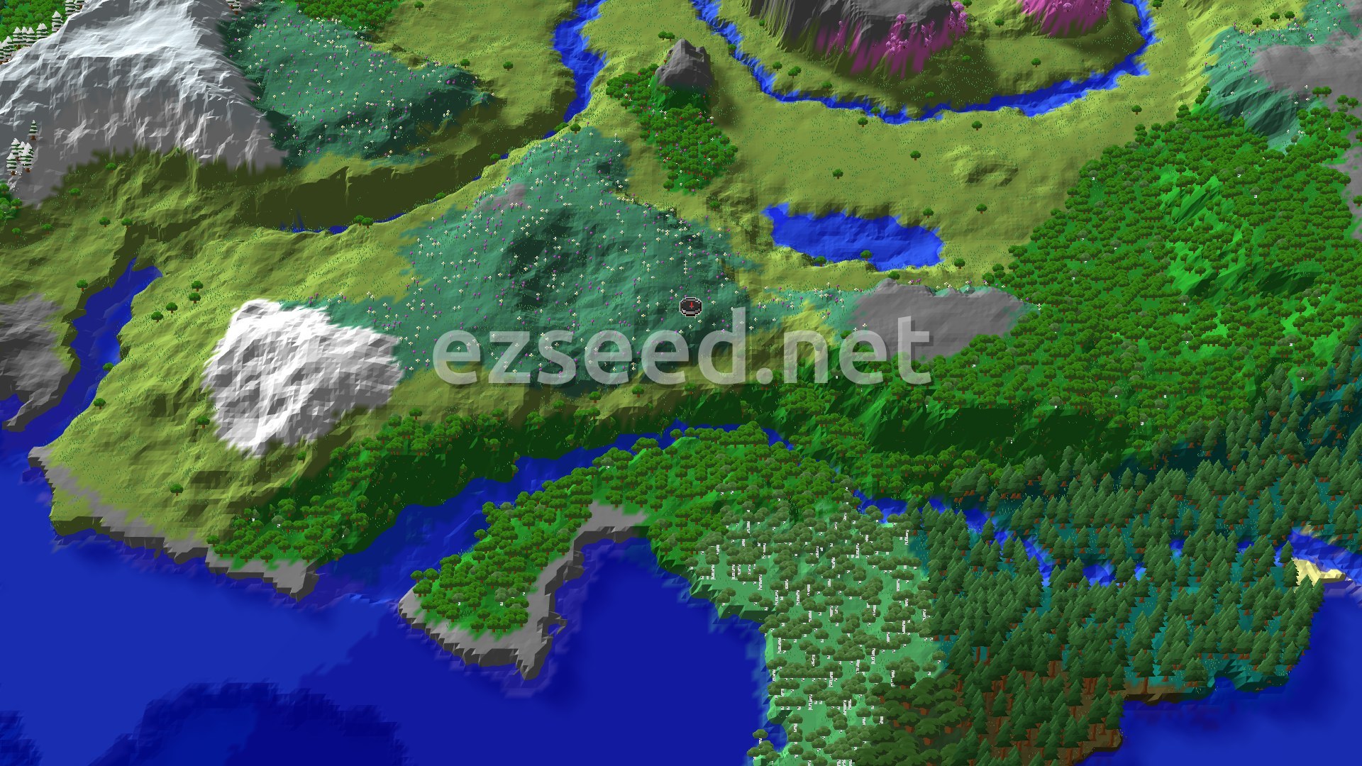 A 3D fly-over of a varied landscape, showing a large meadow with scattered flowers, several forests, rivers, and a distant snowy mountain range. A marker indicates the spawn point in the meadow.