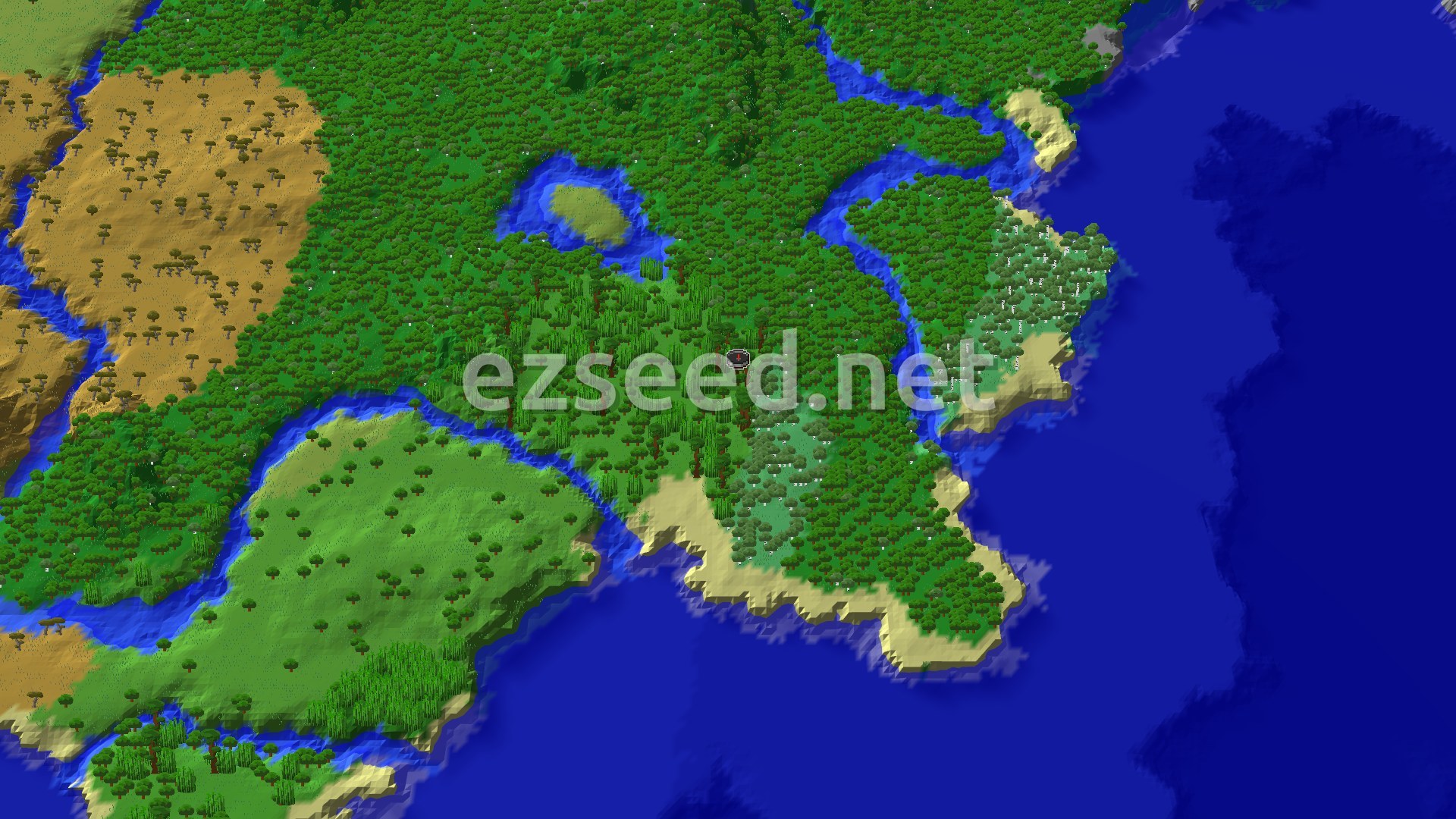 A 3D fly-over shows a dense green Jungle biome around the spawn marker, flanked by a sandy coast and a large ocean to the east. Rivers weave through the jungle, and a Savanna biome is visible to the west.