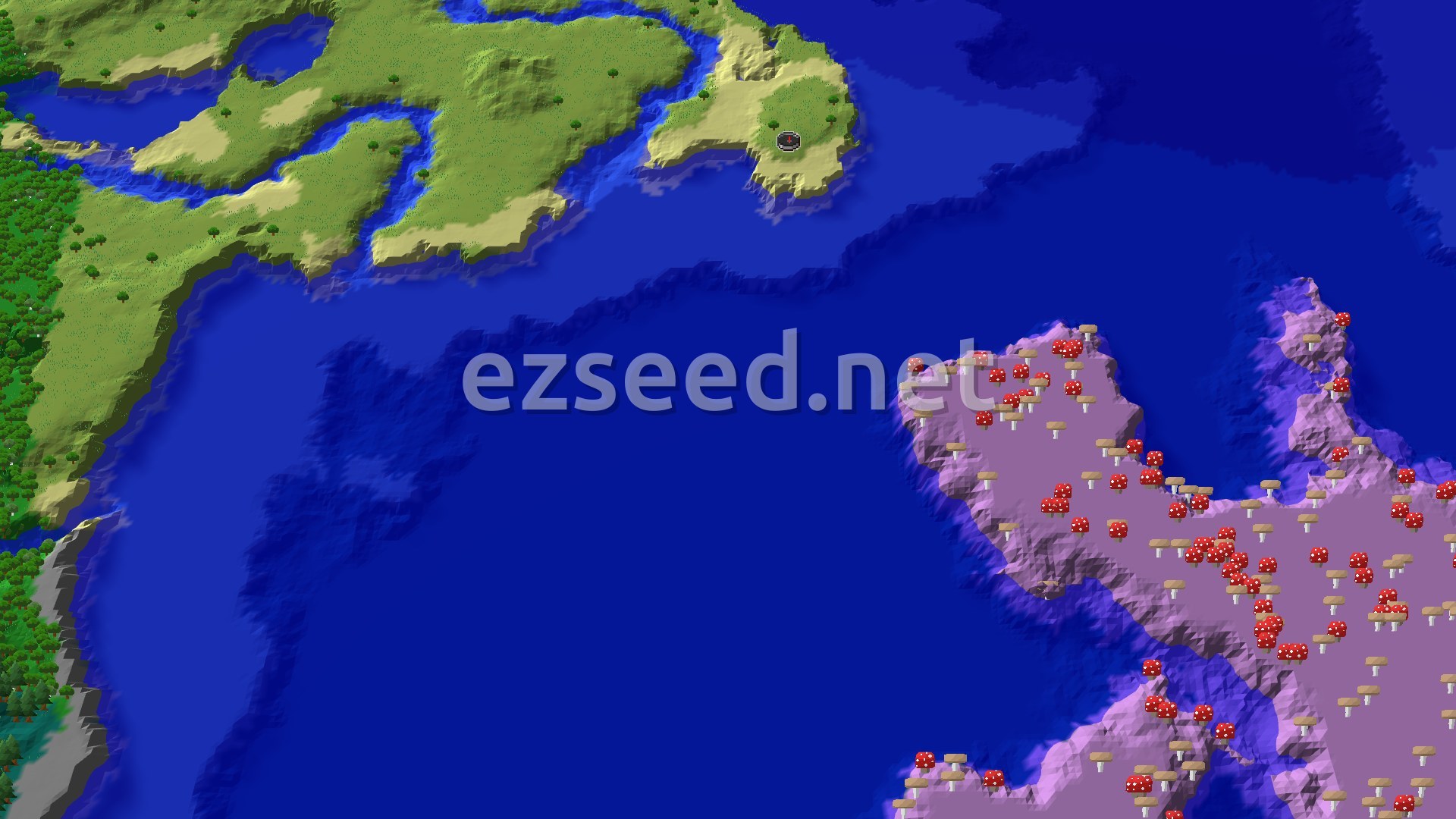 A 3D render of a Minecraft landscape, showing a beach and ocean near spawn, with a dense forest in the distance and some rolling hills.