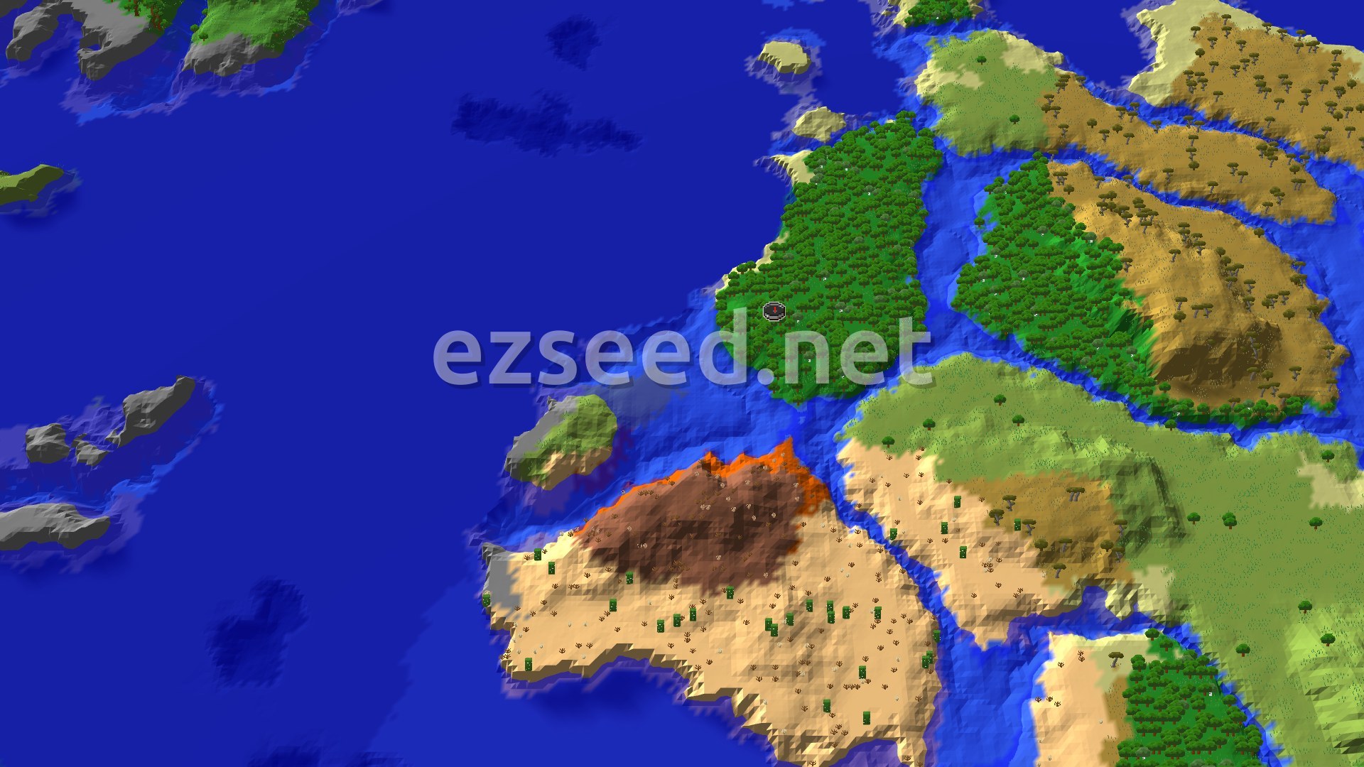An aerial 3D view of a large Forest island with a spawn marker, surrounded by ocean. To the south, a mainland features Badlands, Desert, and Savanna biomes with scattered trees.