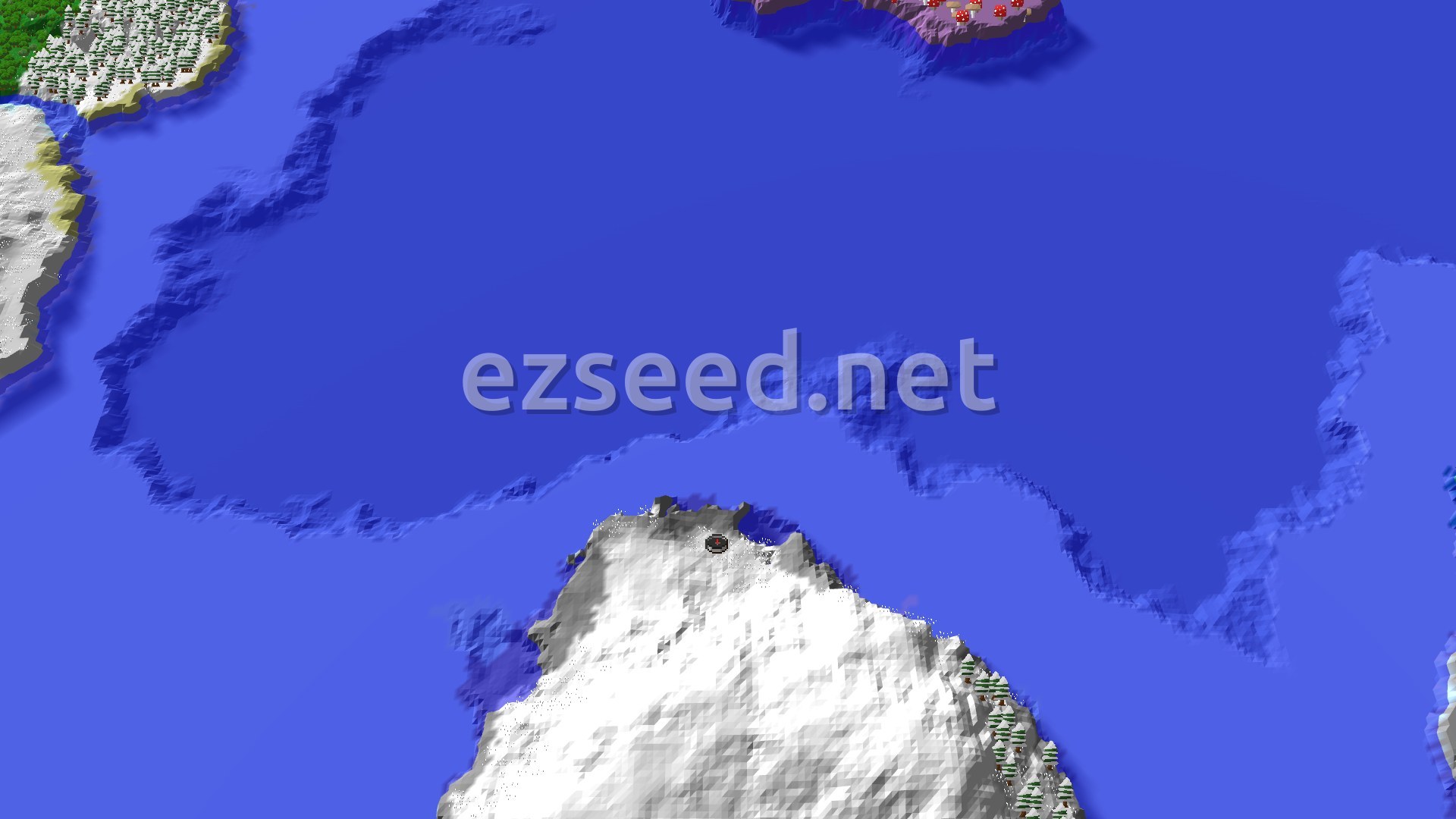An aerial view showing a vast blue ocean surrounded by snowy plains, forested islands, and a large mushroom island to the north.