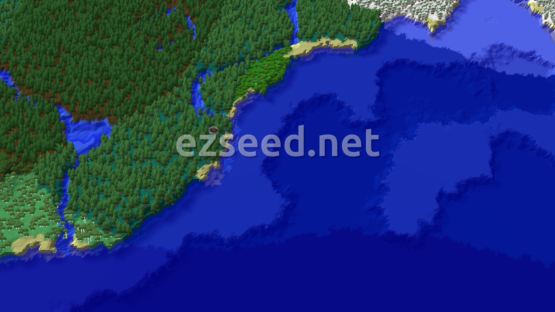 A sweeping view of a Taiga forest with a river, gently rolling hills, and patches of other biomes like Old Growth Pine Taiga and Birch Forest, all under a clear sky.