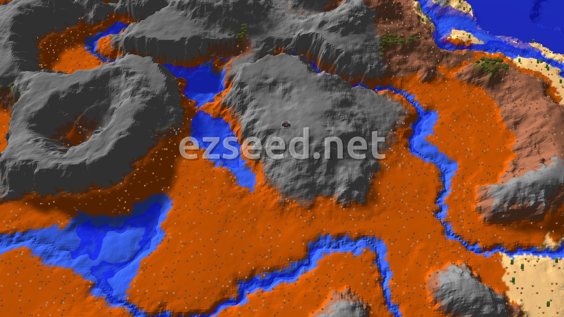 An aerial view of Wooded Badlands and Badlands biomes, featuring orange-hued terrain, scattered green trees, and winding blue rivers, with grey mountainous areas and a small spawn marker in the center.
