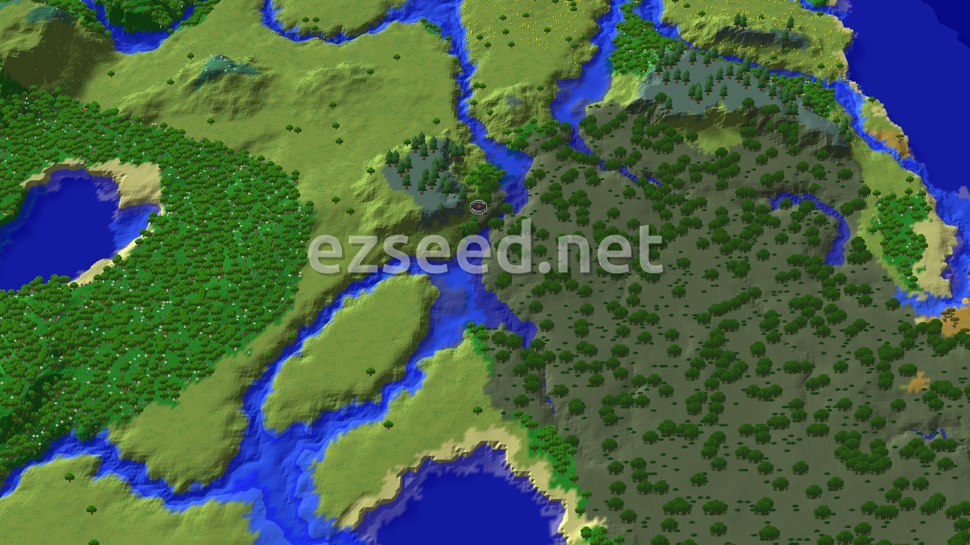 A 3D overhead view of a diverse landscape featuring a central swamp with dark green trees, surrounded by lighter green plains and forests, winding blue rivers, and some sandy beach areas along the water.